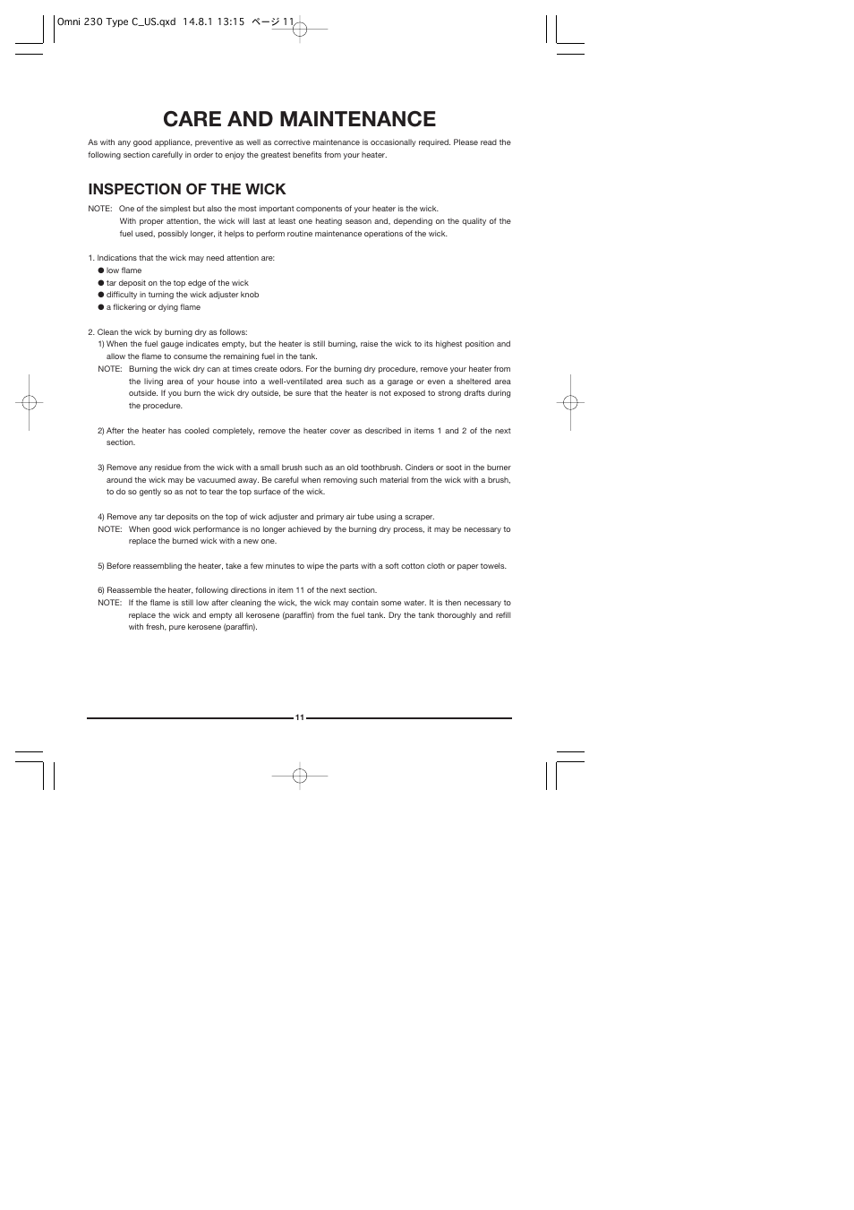 Care and maintenance, Inspectlon of the wlck | Toyotomi Omni 230 User Manual | Page 12 / 18