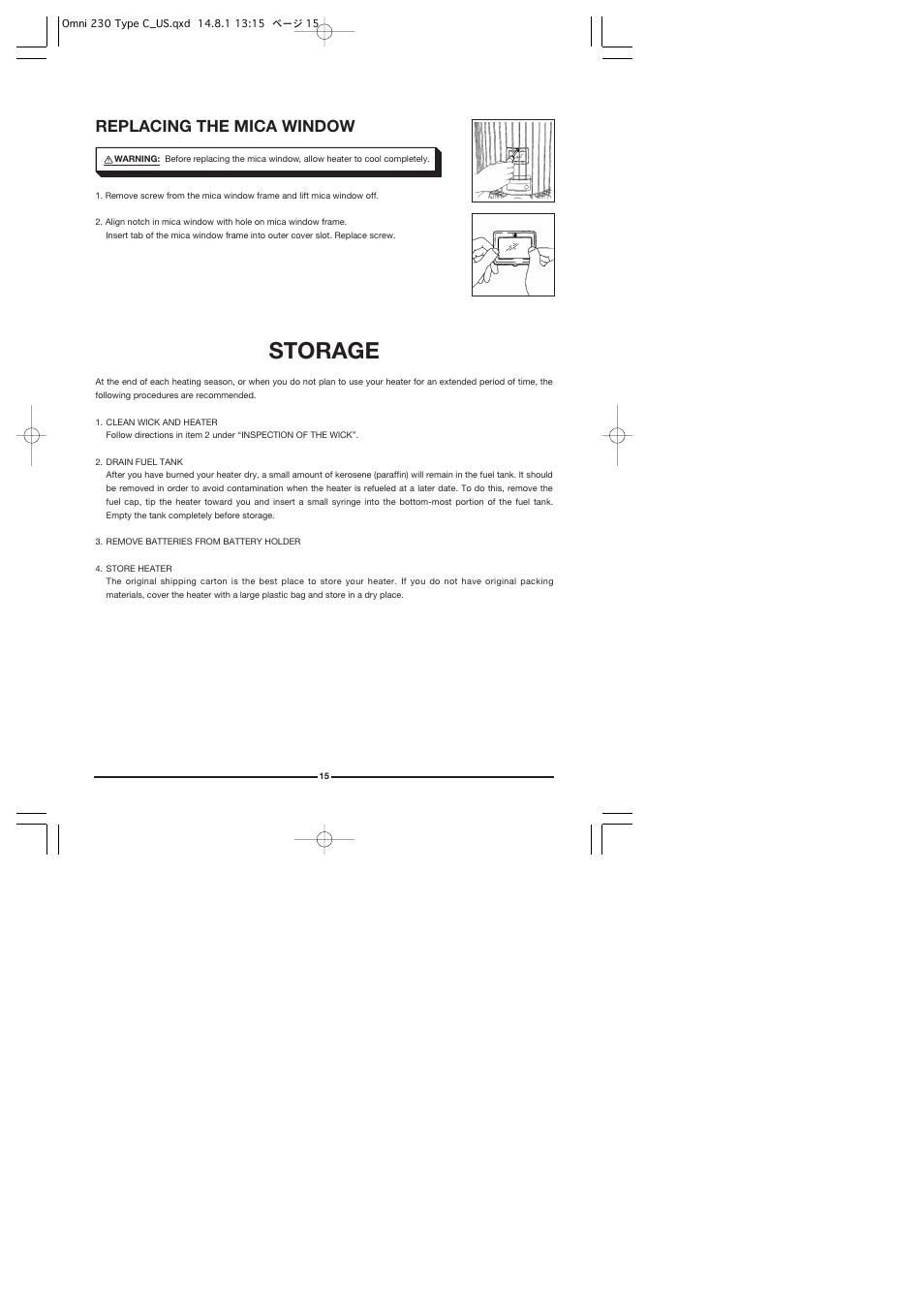 Storage, Replacing the mica window | Toyotomi Omni 230 User Manual | Page 16 / 18
