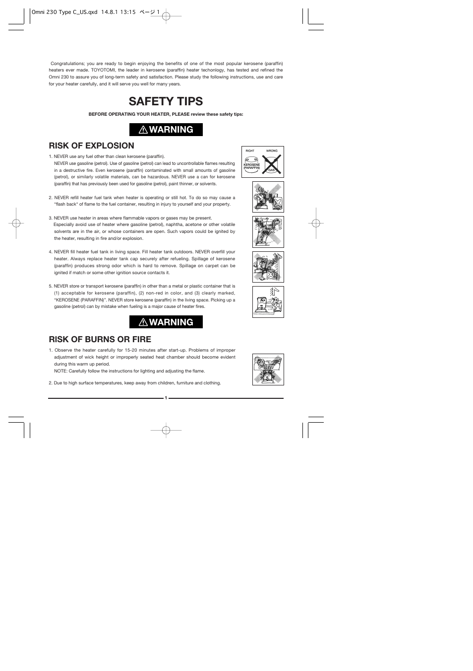 Safety tips, Warning, Risk of explosion | Rlsk of burns or fire | Toyotomi Omni 230 User Manual | Page 2 / 18