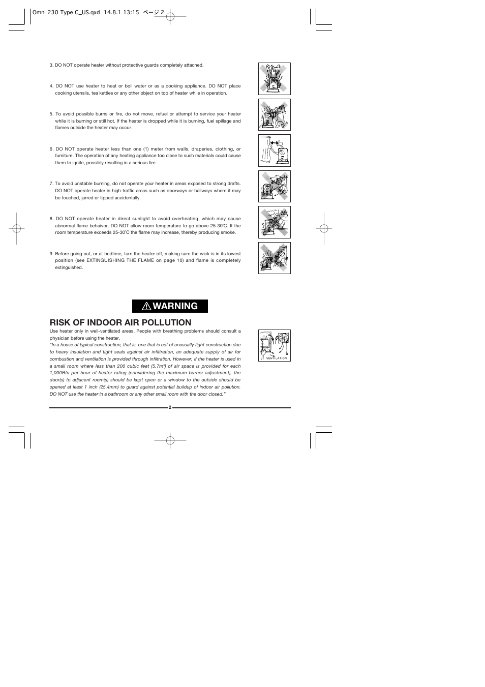 Warning, Risk of indoor air pollutlon | Toyotomi Omni 230 User Manual | Page 3 / 18
