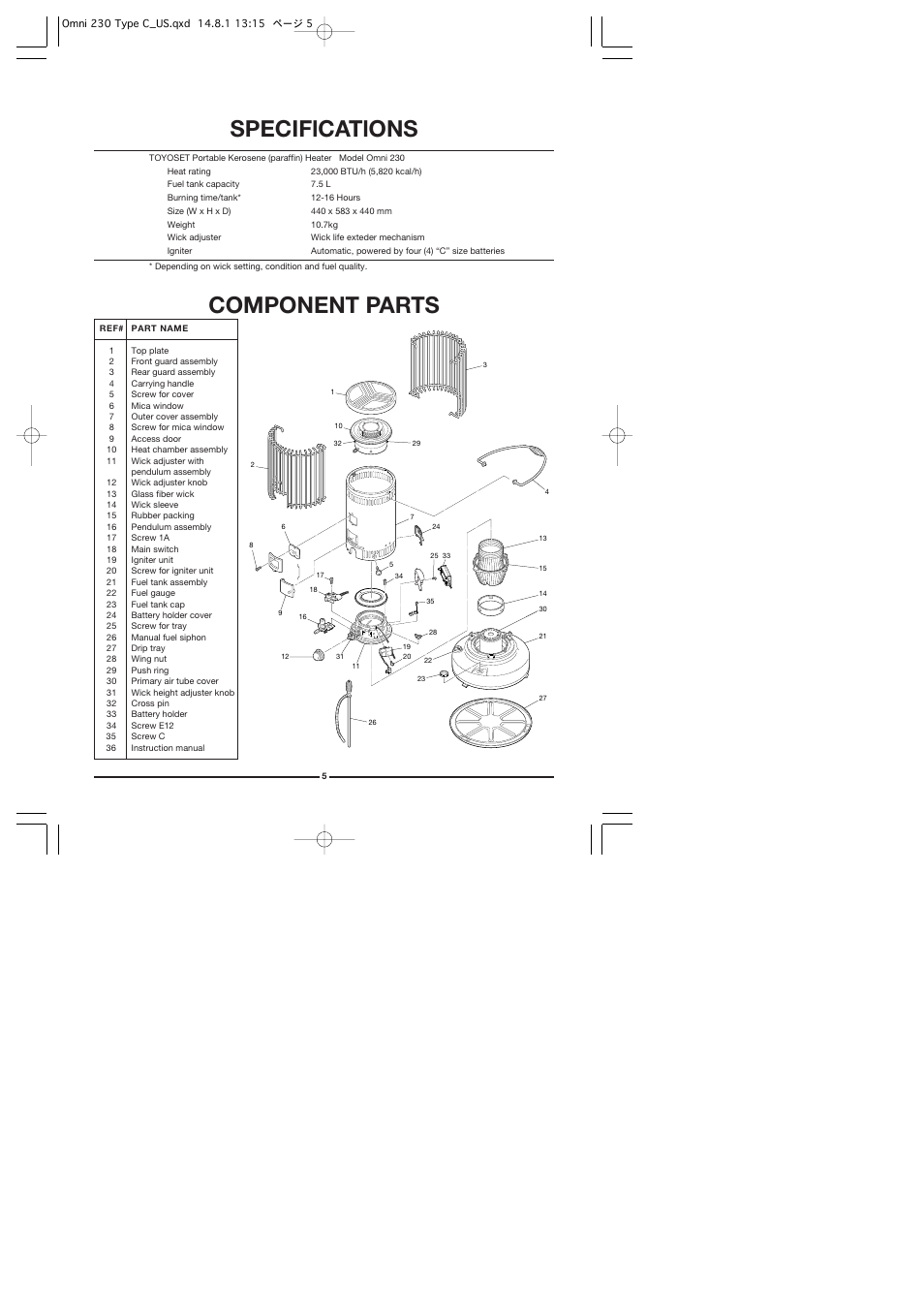 Speciflcatlons, Component parts | Toyotomi Omni 230 User Manual | Page 6 / 18