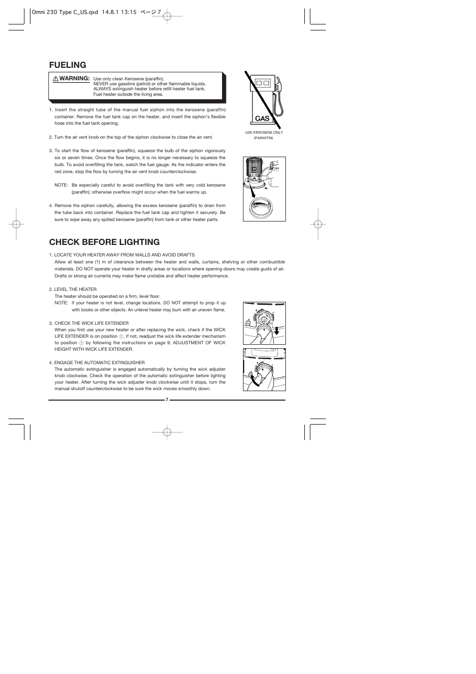 Fueling, Check before lighting | Toyotomi Omni 230 User Manual | Page 8 / 18