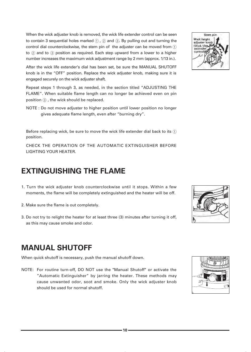 Extinguishing the flame, Manual shutoff | Toyotomi KS-47B User Manual | Page 12 / 20