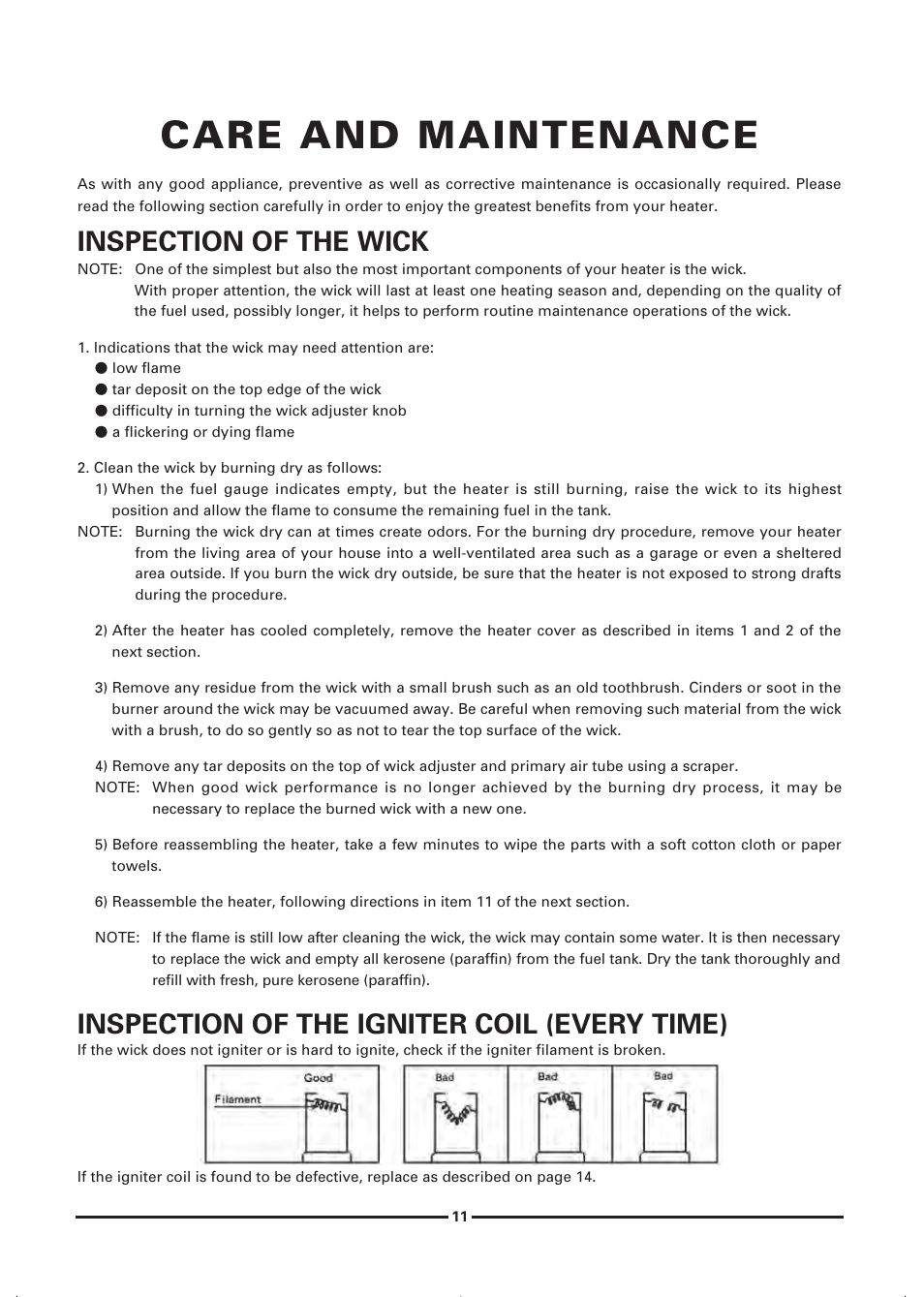 Care and maintenance, Inspectlon of the wlck, Inspection of the igniter coil (every time) | Toyotomi KS-47B User Manual | Page 13 / 20