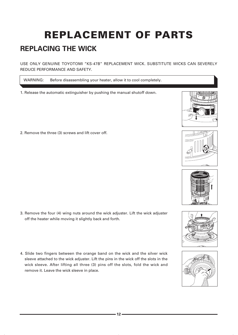 Replacement of parts, Replacing the wlck | Toyotomi KS-47B User Manual | Page 14 / 20