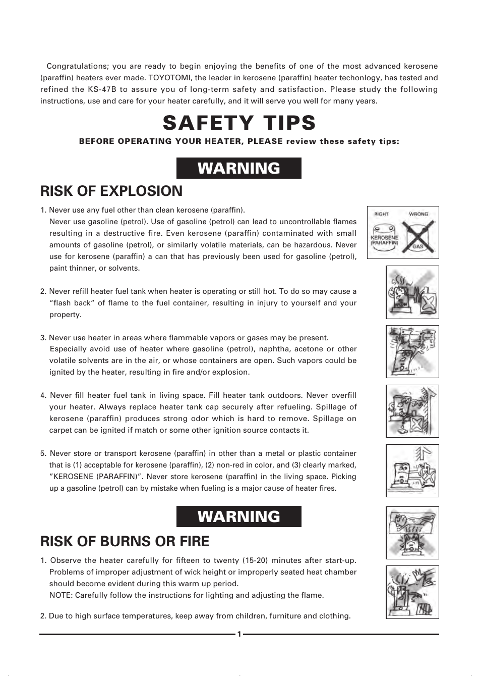 Safety tips, Warning, Risk of explosion | Rlsk of burns or fire | Toyotomi KS-47B User Manual | Page 3 / 20