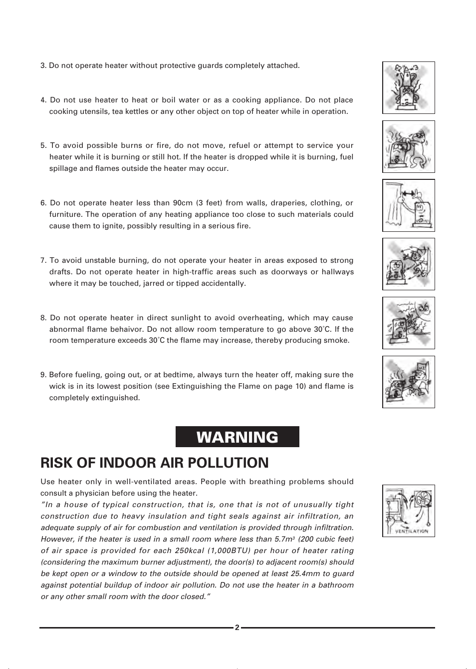 Warning, Risk of indoor air pollutlon | Toyotomi KS-47B User Manual | Page 4 / 20