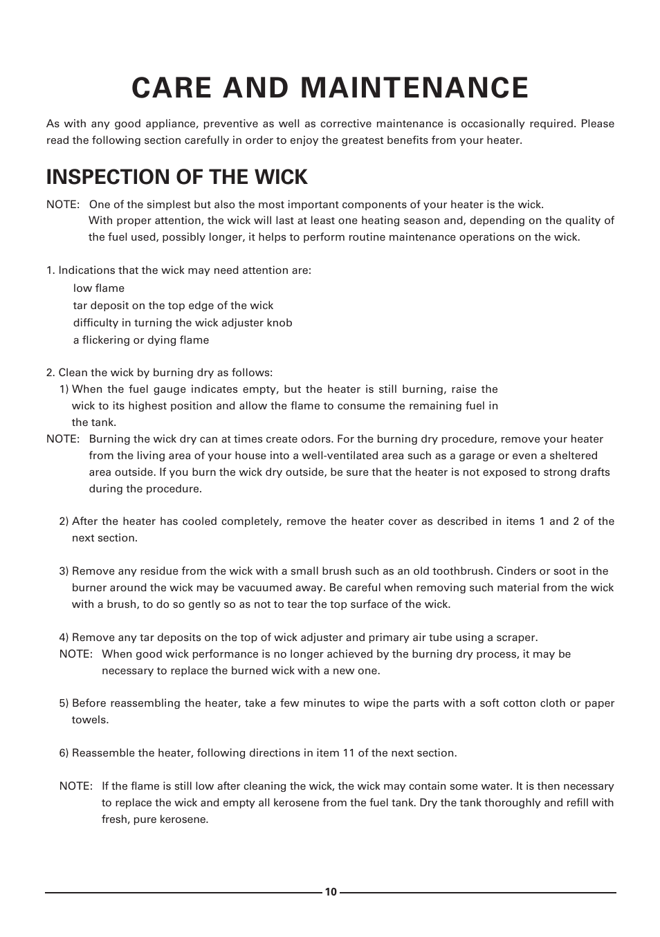 Care and maintenance, Inspectlon of the wlck | Toyotomi KS-27A User Manual | Page 11 / 16