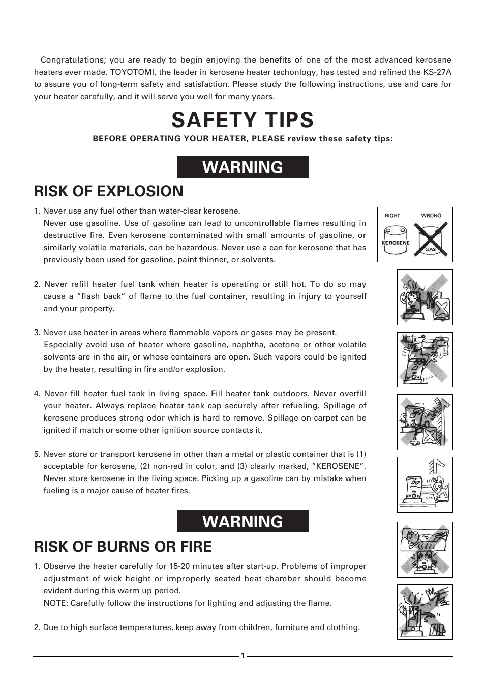 Safety tips, Warning, Risk of explosion | Rlsk of burns or fire | Toyotomi KS-27A User Manual | Page 2 / 16