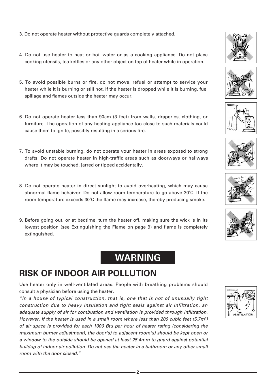 Warning, Risk of indoor air pollutlon | Toyotomi KS-27A User Manual | Page 3 / 16