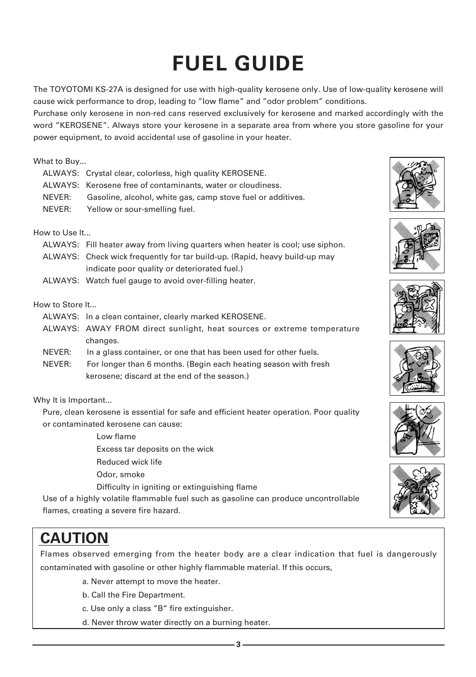 Fuel guide, Cautlon | Toyotomi KS-27A User Manual | Page 4 / 16