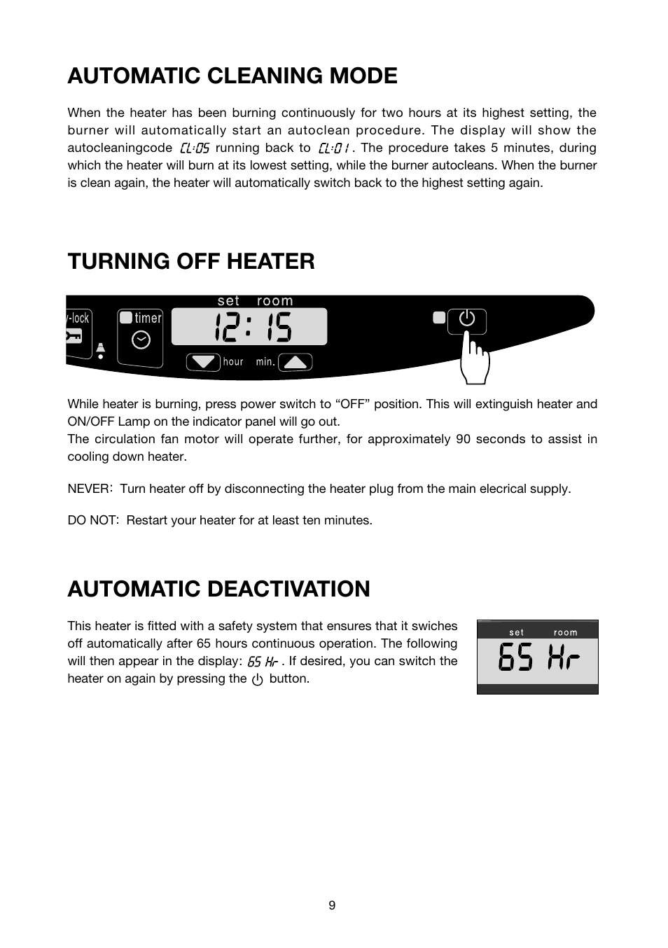 Turning off heater, Automatic deactivation, Automatic cleaning mode | Toyotomi LC-32F User Manual | Page 10 / 15