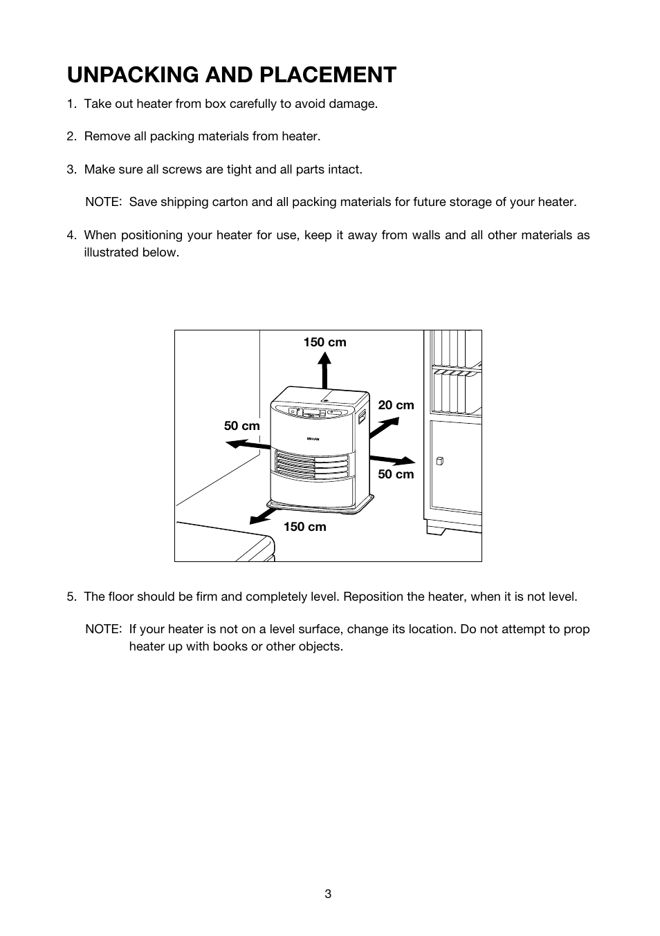 Unpacking and placement | Toyotomi LC-32F User Manual | Page 4 / 15