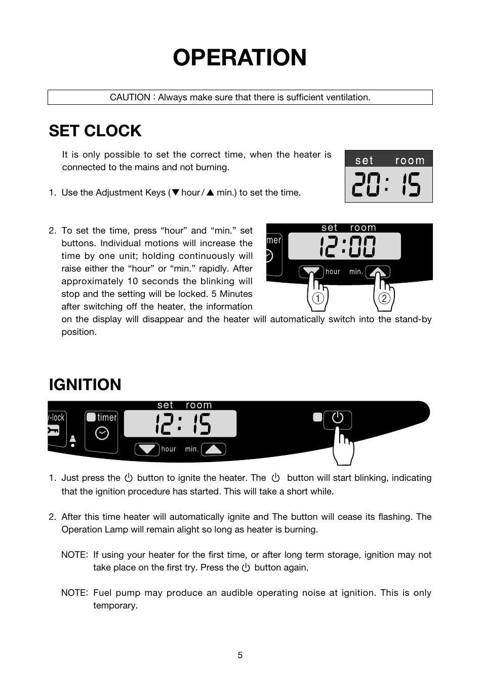 Operation, Set clock, Ignition | Toyotomi LC-32F User Manual | Page 6 / 15