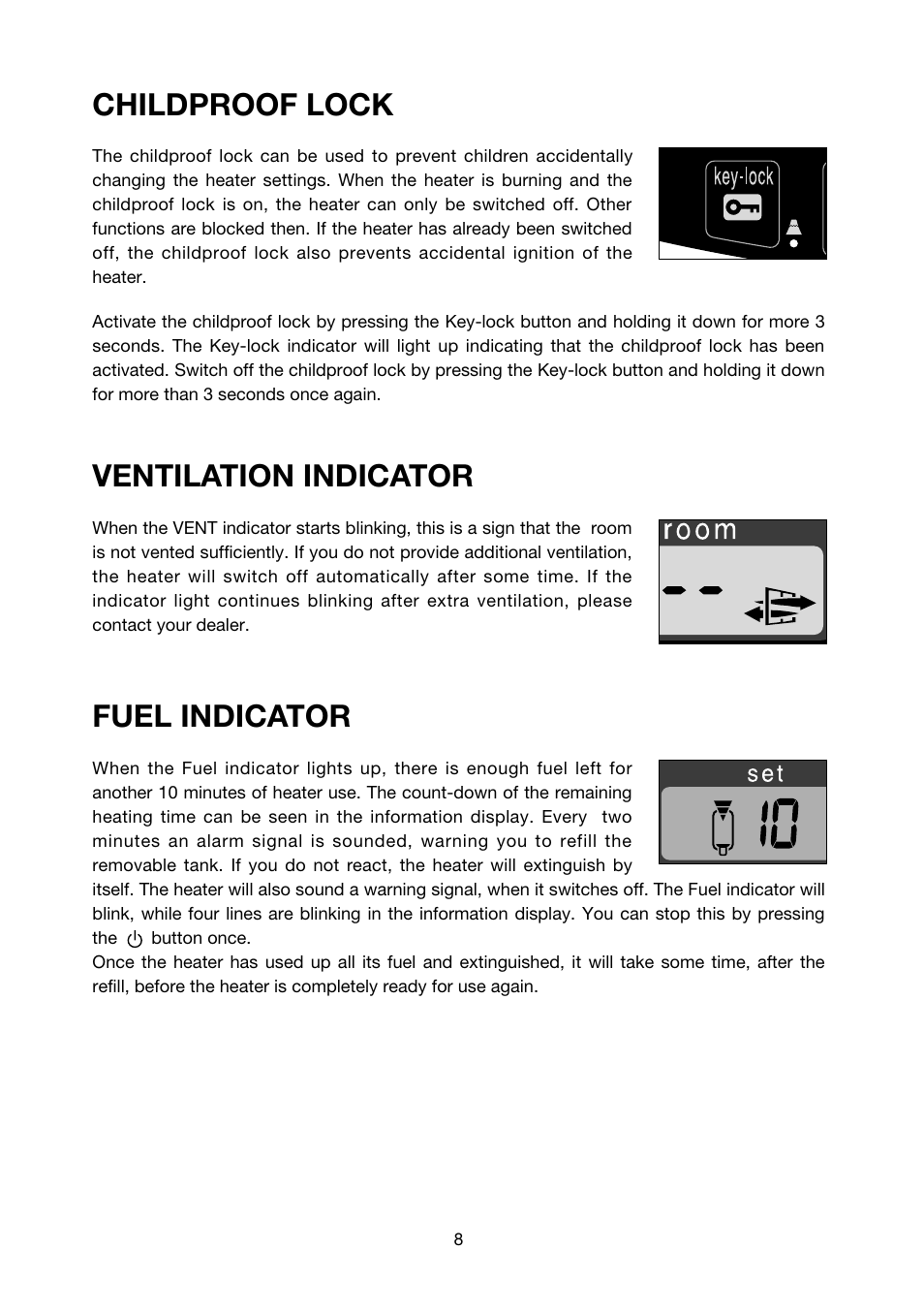 Childproof lock, Ventilation indicator, Fuel indicator | Toyotomi LC-32F User Manual | Page 9 / 15
