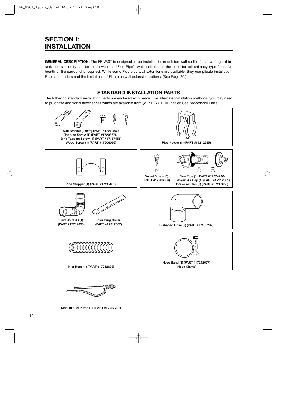 Standard installation parts | Toyotomi FF-V30T User Manual | Page 20 / 28