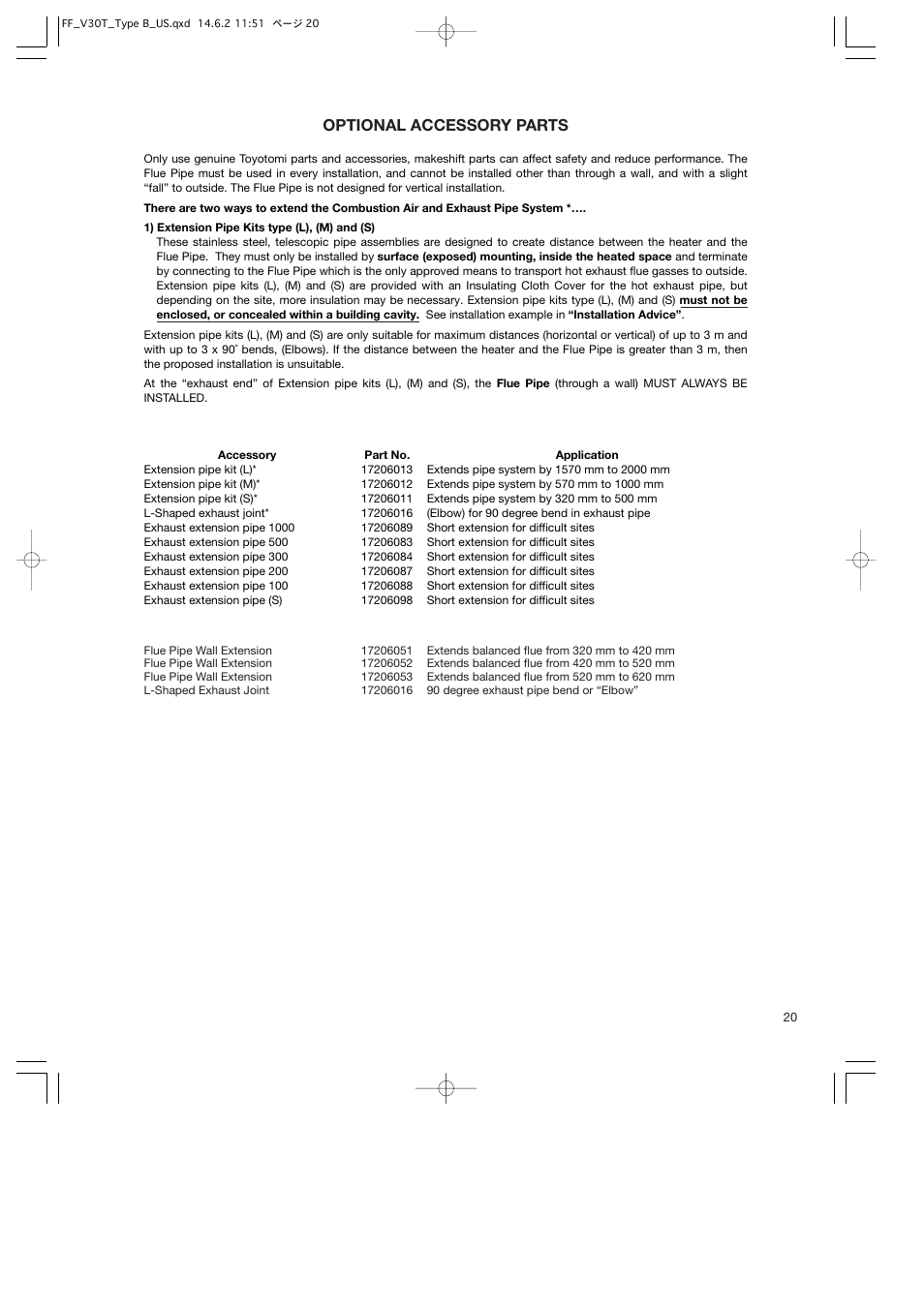 Optional accessory parts | Toyotomi FF-V30T User Manual | Page 21 / 28