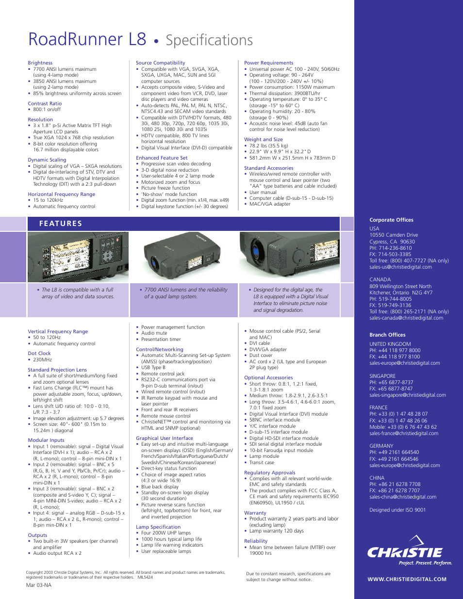 Roadrunner l8, Specifications | Christie Digital Systems L8 User Manual | Page 2 / 2