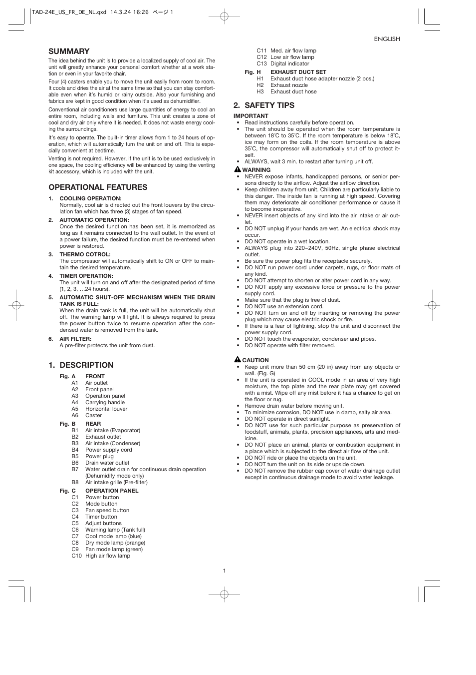 Summary, Operational features, Description | Safety tips | Toyotomi TAD-24E User Manual | Page 4 / 8