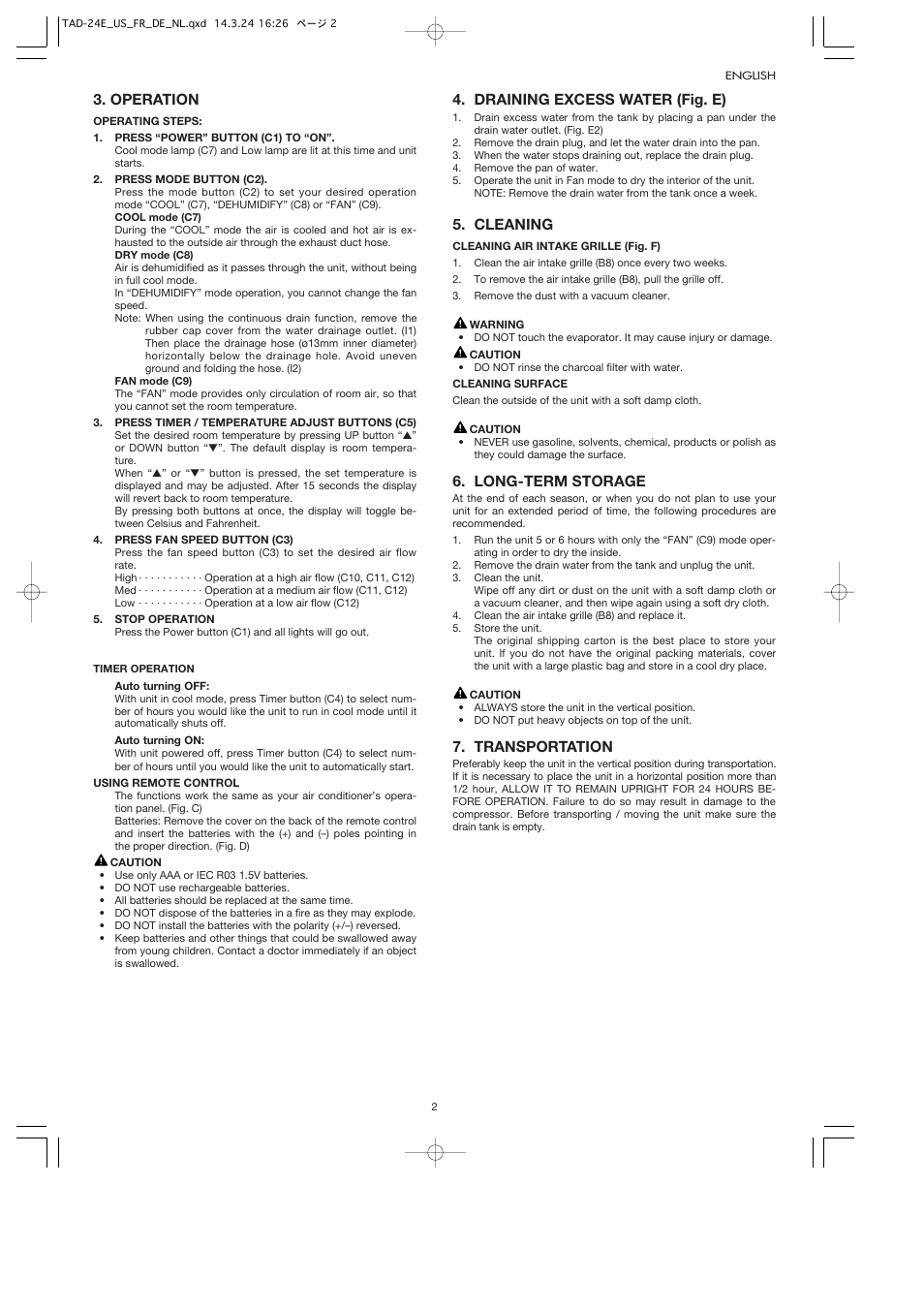 Operation, Draining excess water (fig. e), Cleaning | Long-term storage, Transportation | Toyotomi TAD-24E User Manual | Page 5 / 8