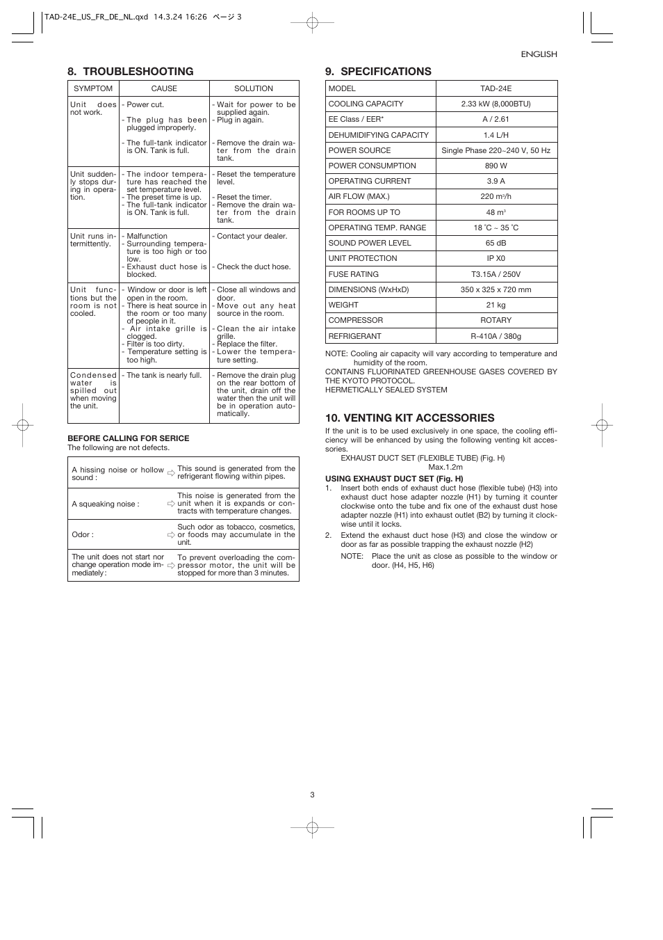 Troubleshooting, Specifications, Venting kit accessories | Toyotomi TAD-24E User Manual | Page 6 / 8