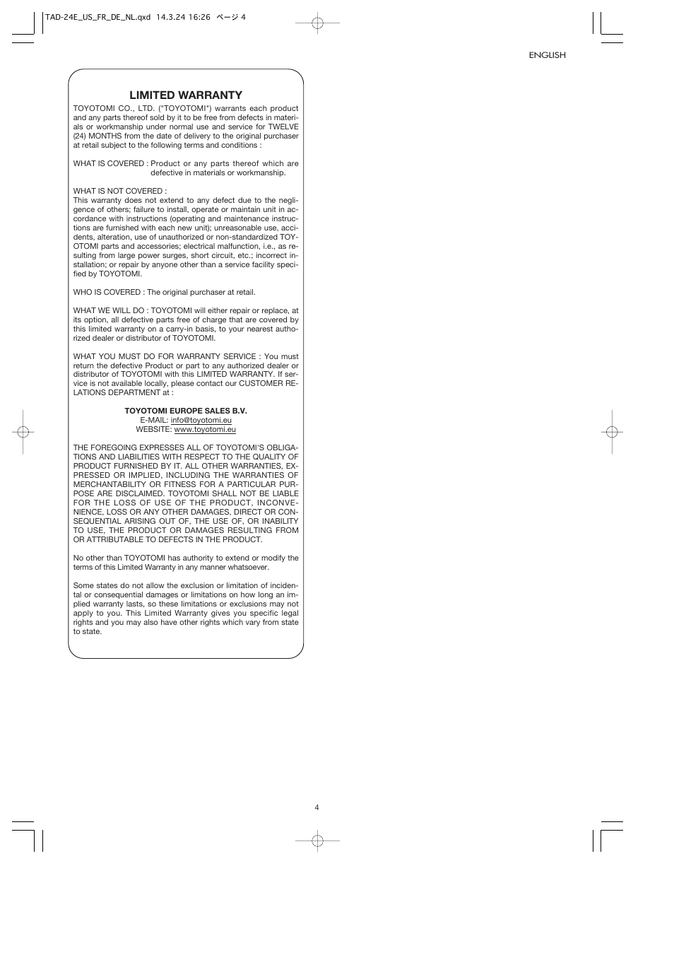 Limited warranty | Toyotomi TAD-24E User Manual | Page 7 / 8