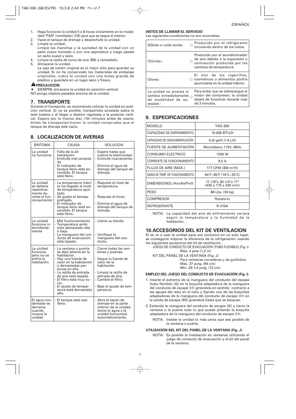 Transporte, Localizacion de averias, Especificaciones | Accesorios del kit de ventilacion | Toyotomi TAD-30K User Manual | Page 10 / 16