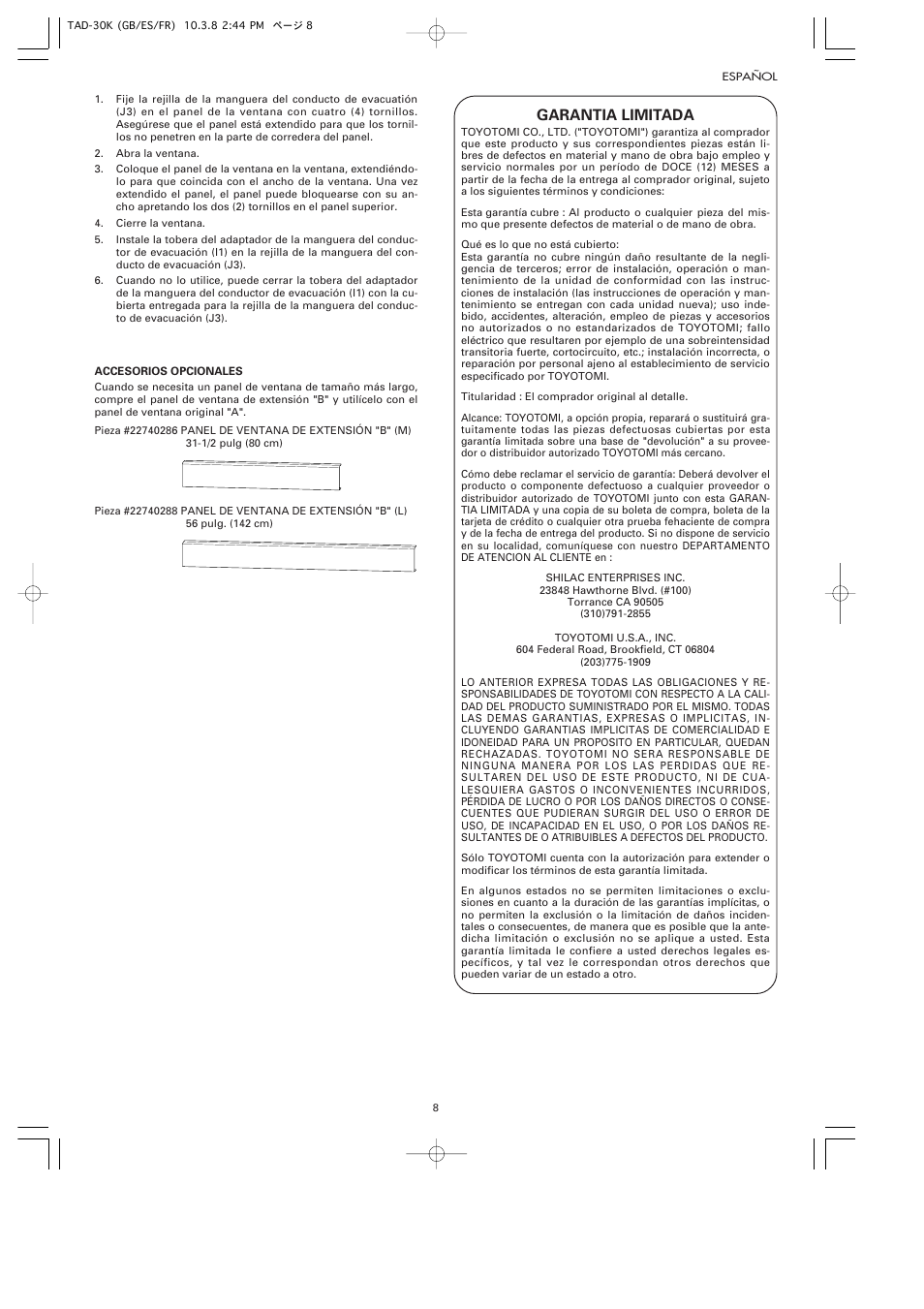 Garantia limitada | Toyotomi TAD-30K User Manual | Page 11 / 16