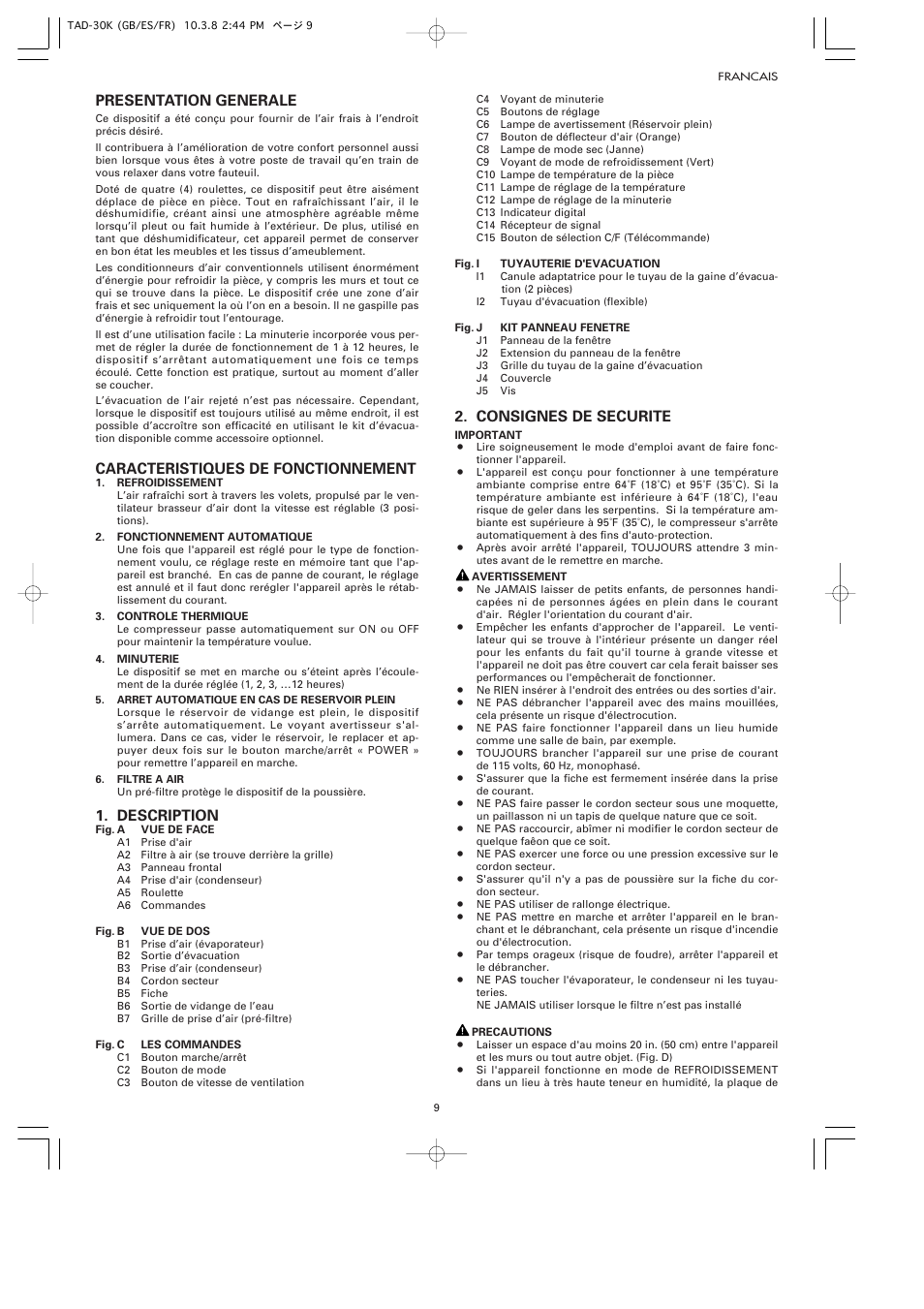 Presentation generale, Caracteristiques de fonctionnement, Description | Consignes de securite | Toyotomi TAD-30K User Manual | Page 12 / 16