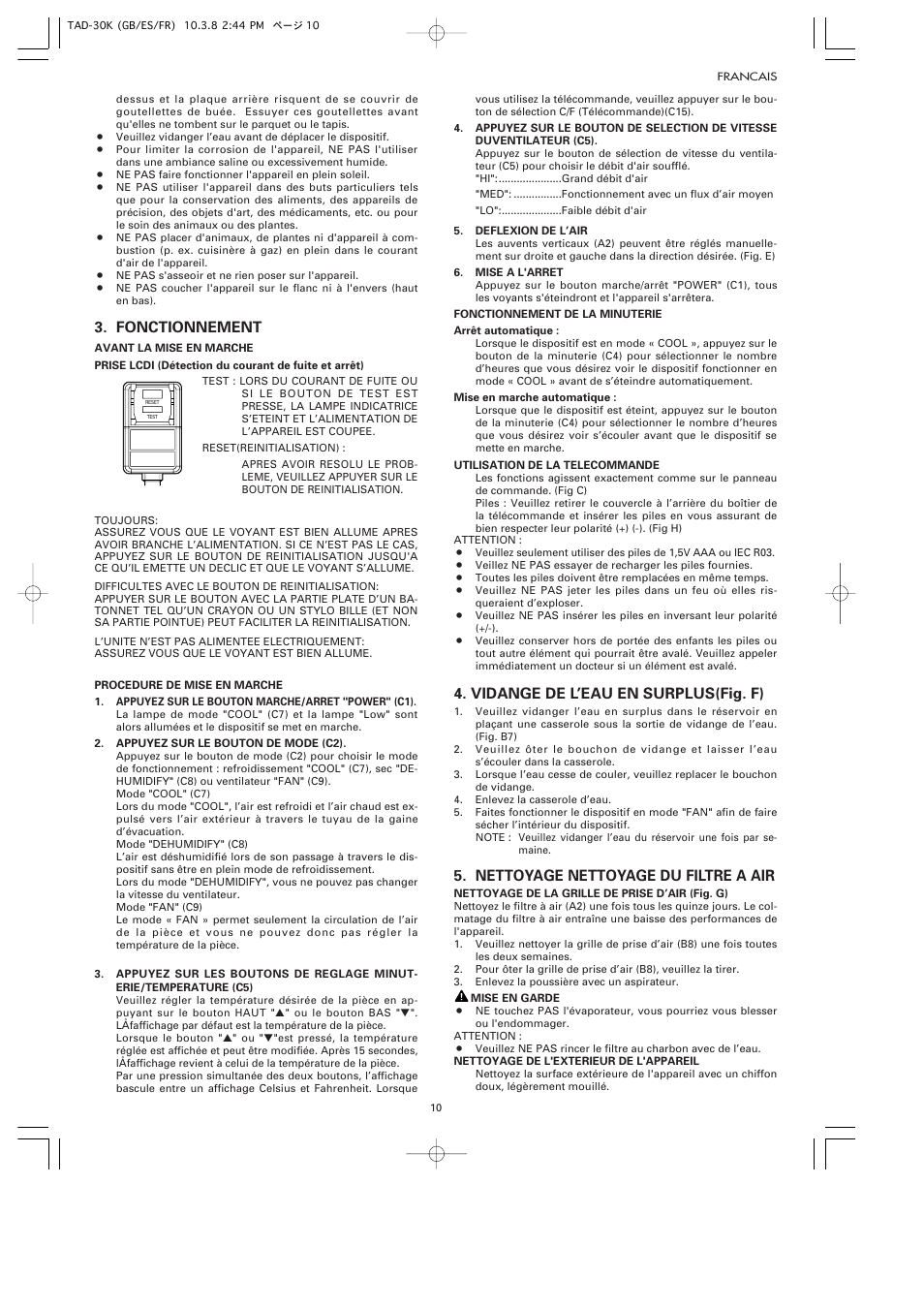 Fonctionnement, Vidange de l’eau en surplus(fig. f), Nettoyage nettoyage du filtre a air | Toyotomi TAD-30K User Manual | Page 13 / 16
