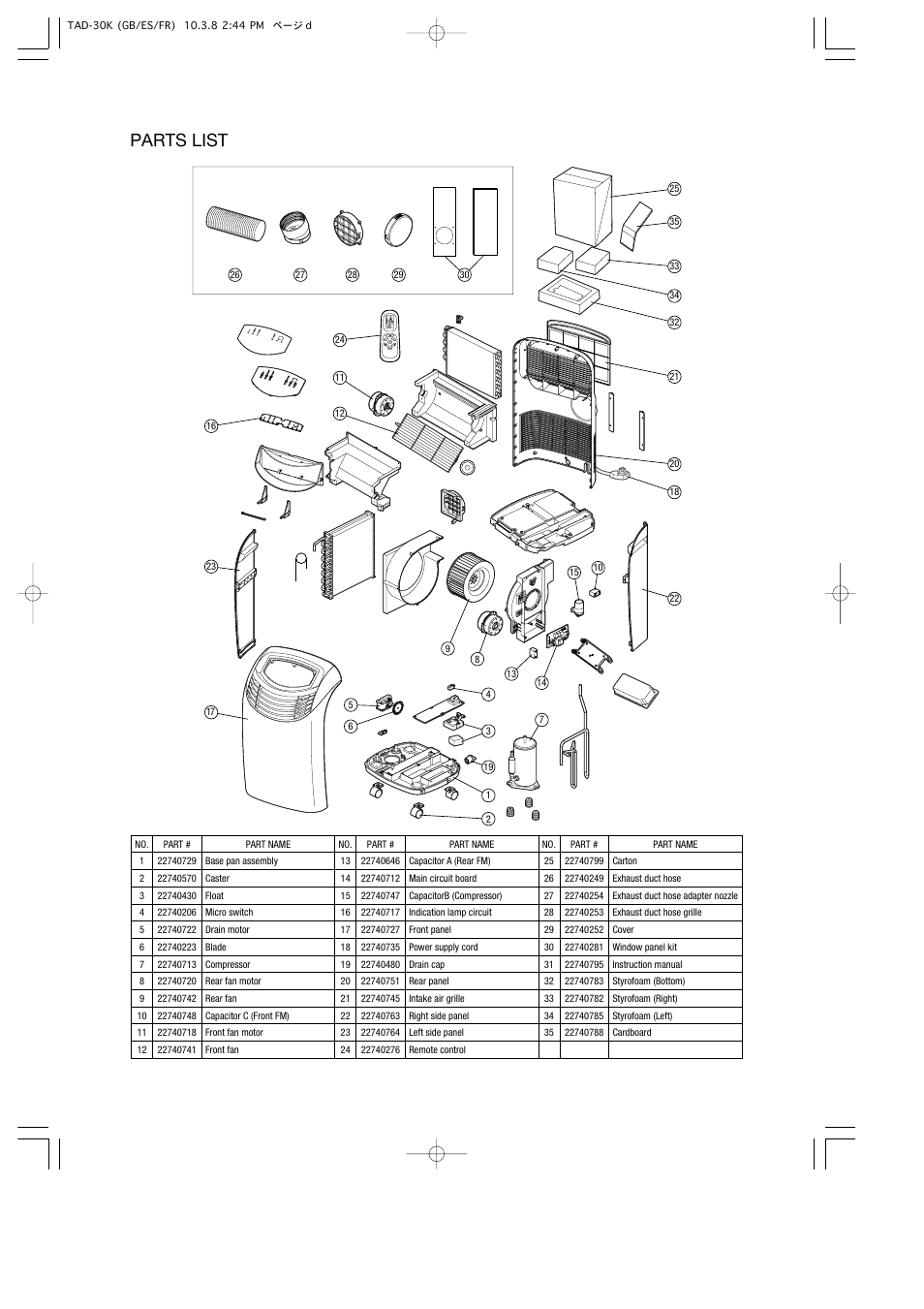 Parts list | Toyotomi TAD-30K User Manual | Page 3 / 16