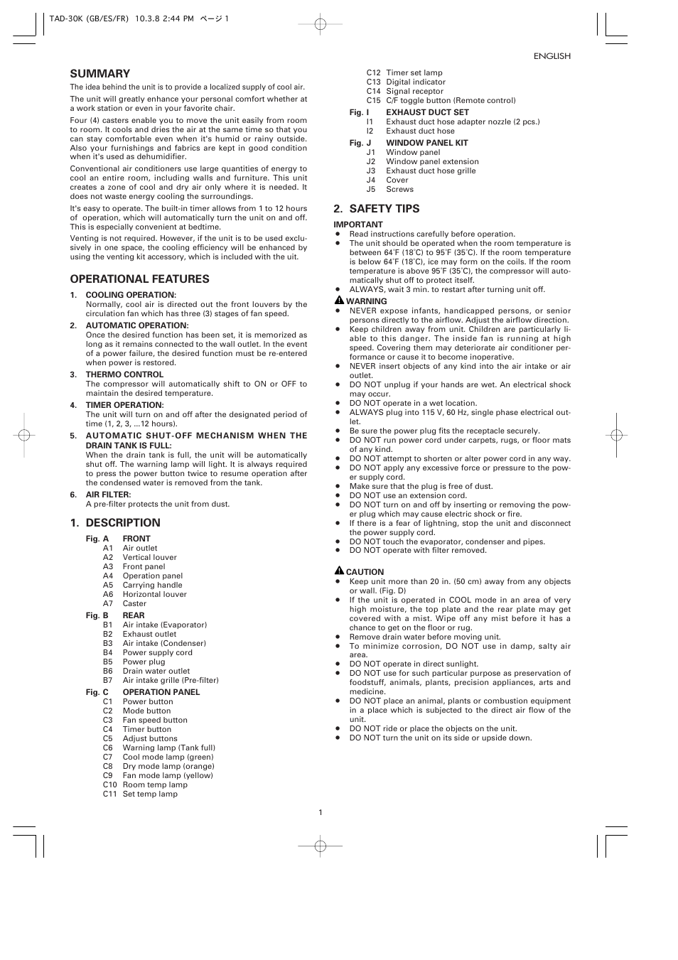 Summary, Operational features, Description | Safety tips | Toyotomi TAD-30K User Manual | Page 4 / 16