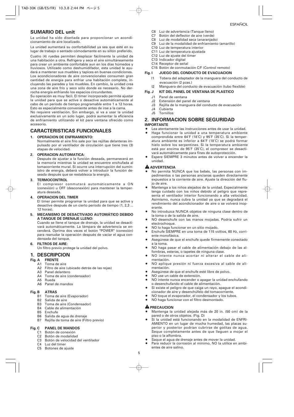 Sumario del unit, Caracteristicas funcionales, Descripcion | Informacion sobre seguridad | Toyotomi TAD-30K User Manual | Page 8 / 16