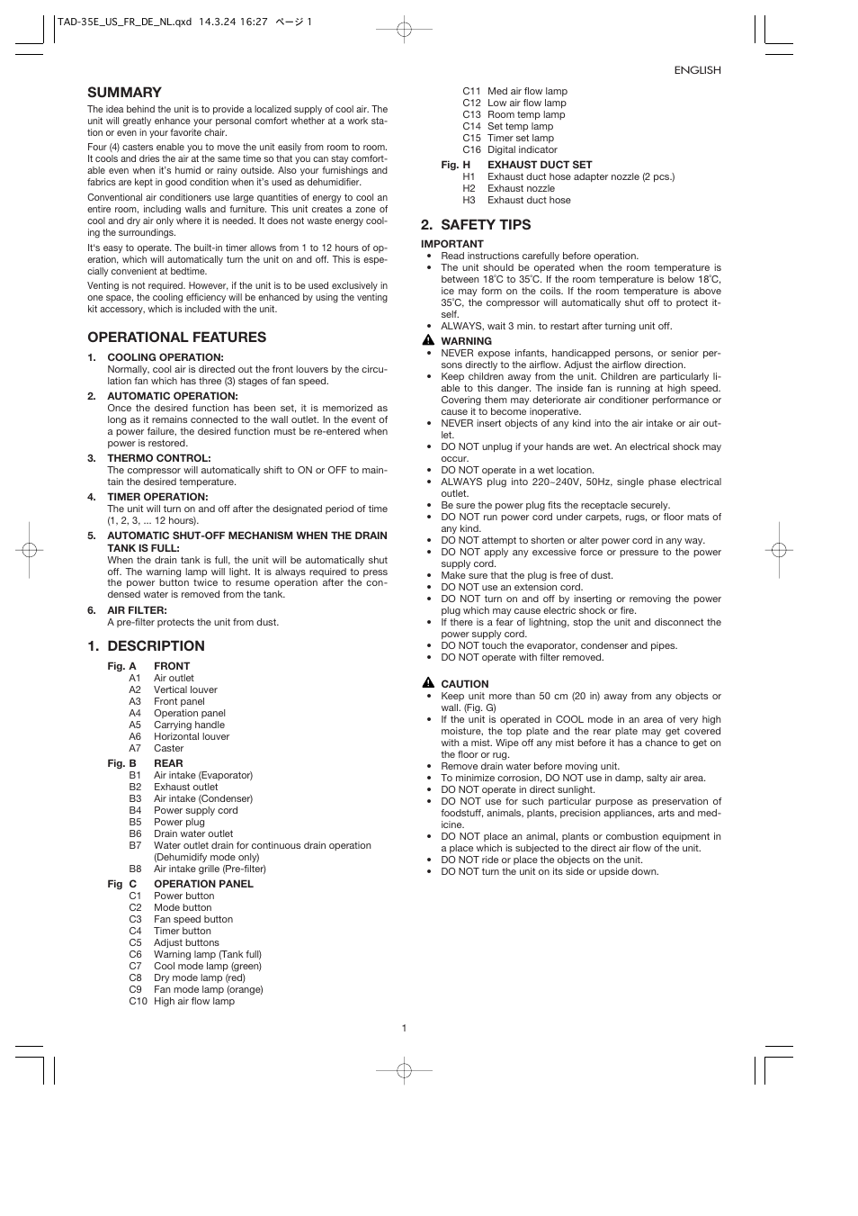 Summary, Operational features, Description | Safety tips | Toyotomi TAD-35E User Manual | Page 4 / 8