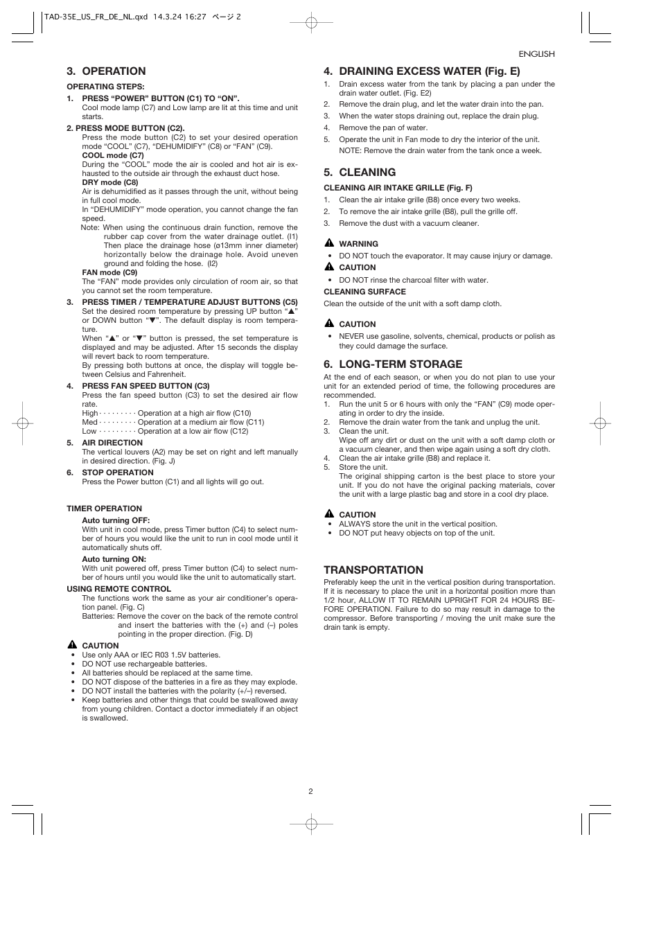 Operation, Draining excess water (fig. e), Cleaning | Long-term storage, Transportation | Toyotomi TAD-35E User Manual | Page 5 / 8