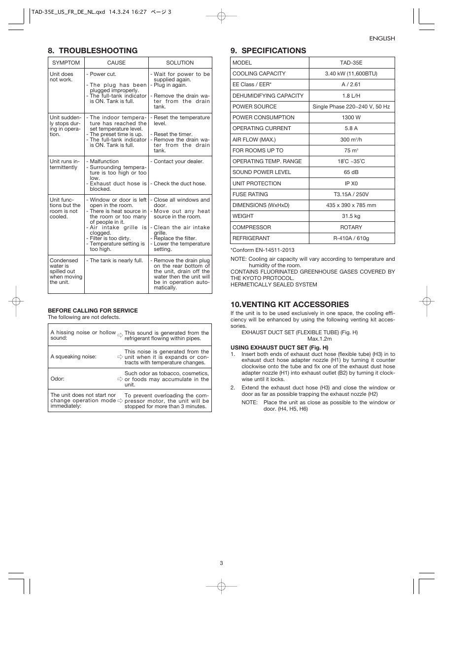 Troubleshooting, Specifications, Venting kit accessories | Toyotomi TAD-35E User Manual | Page 6 / 8