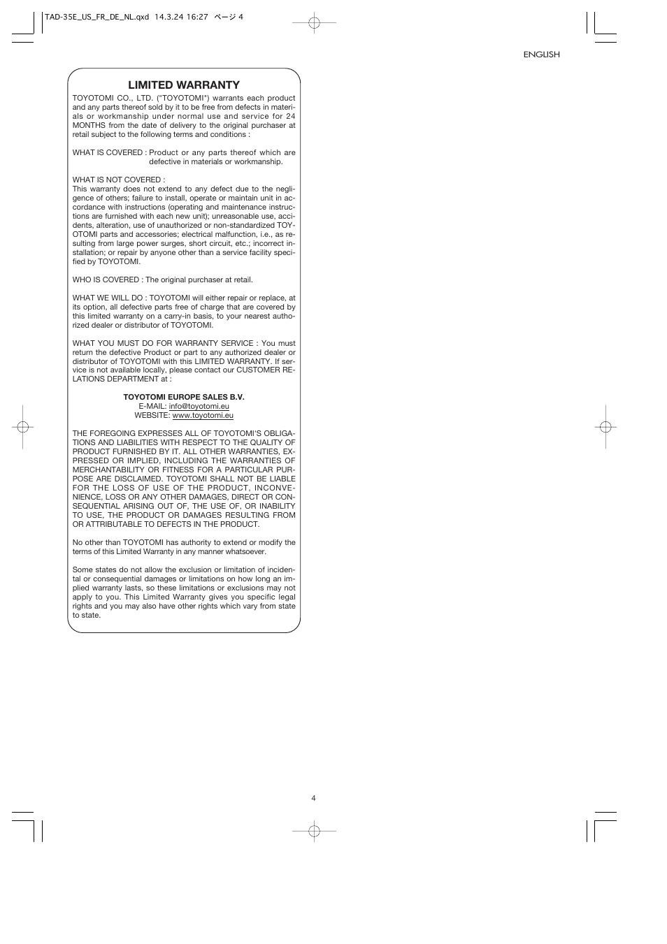 Limited warranty | Toyotomi TAD-35E User Manual | Page 7 / 8
