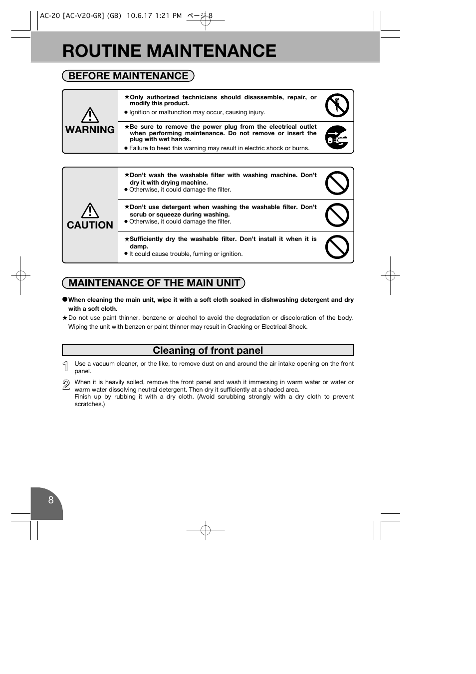 Routine maintenance, 8before maintenance maintenance of the main unit, Caution | Cleaning of front panel, Warning | Toyotomi AC-20 User Manual | Page 10 / 16