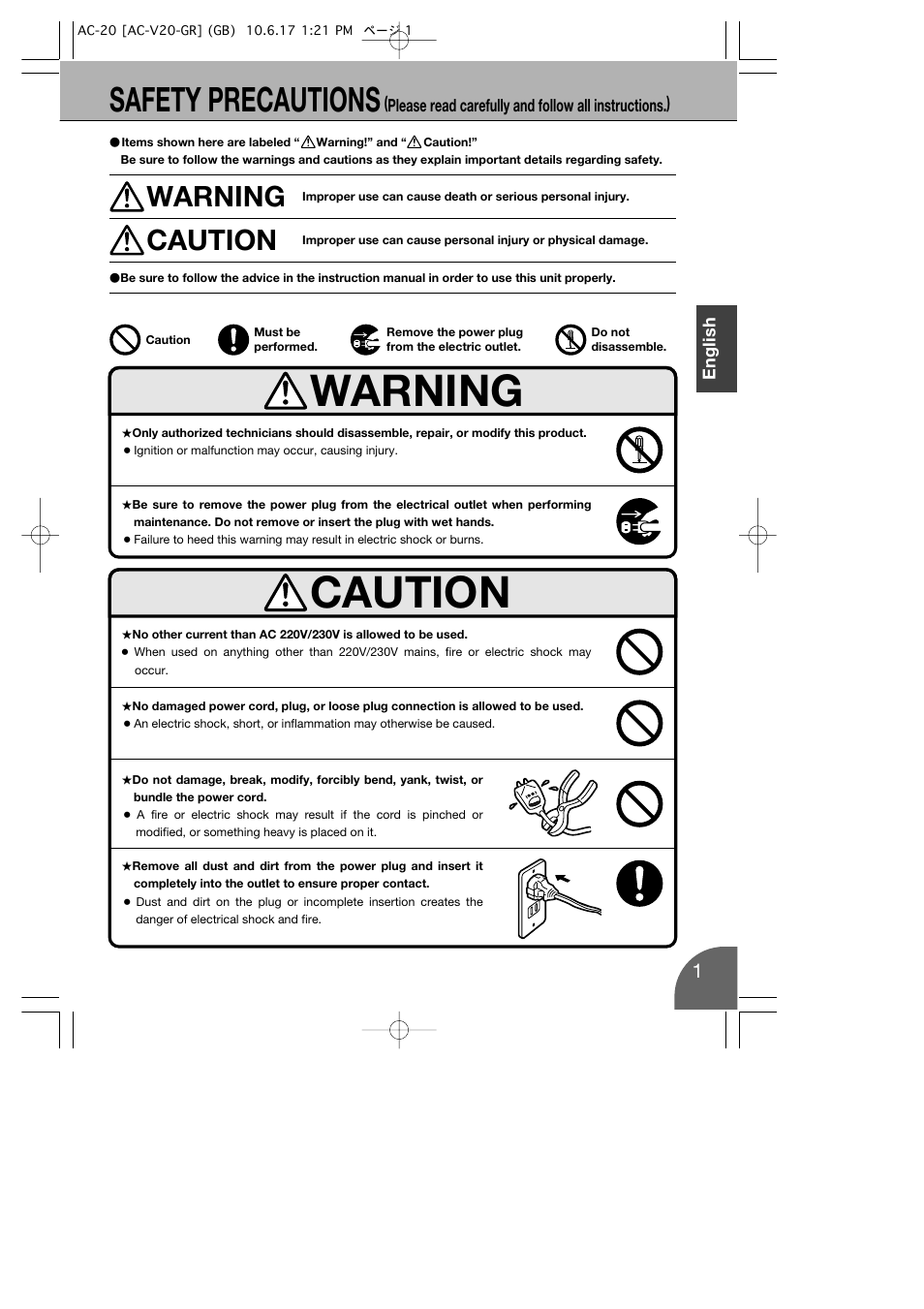 Safety precautions, Warning caution | Toyotomi AC-20 User Manual | Page 3 / 16