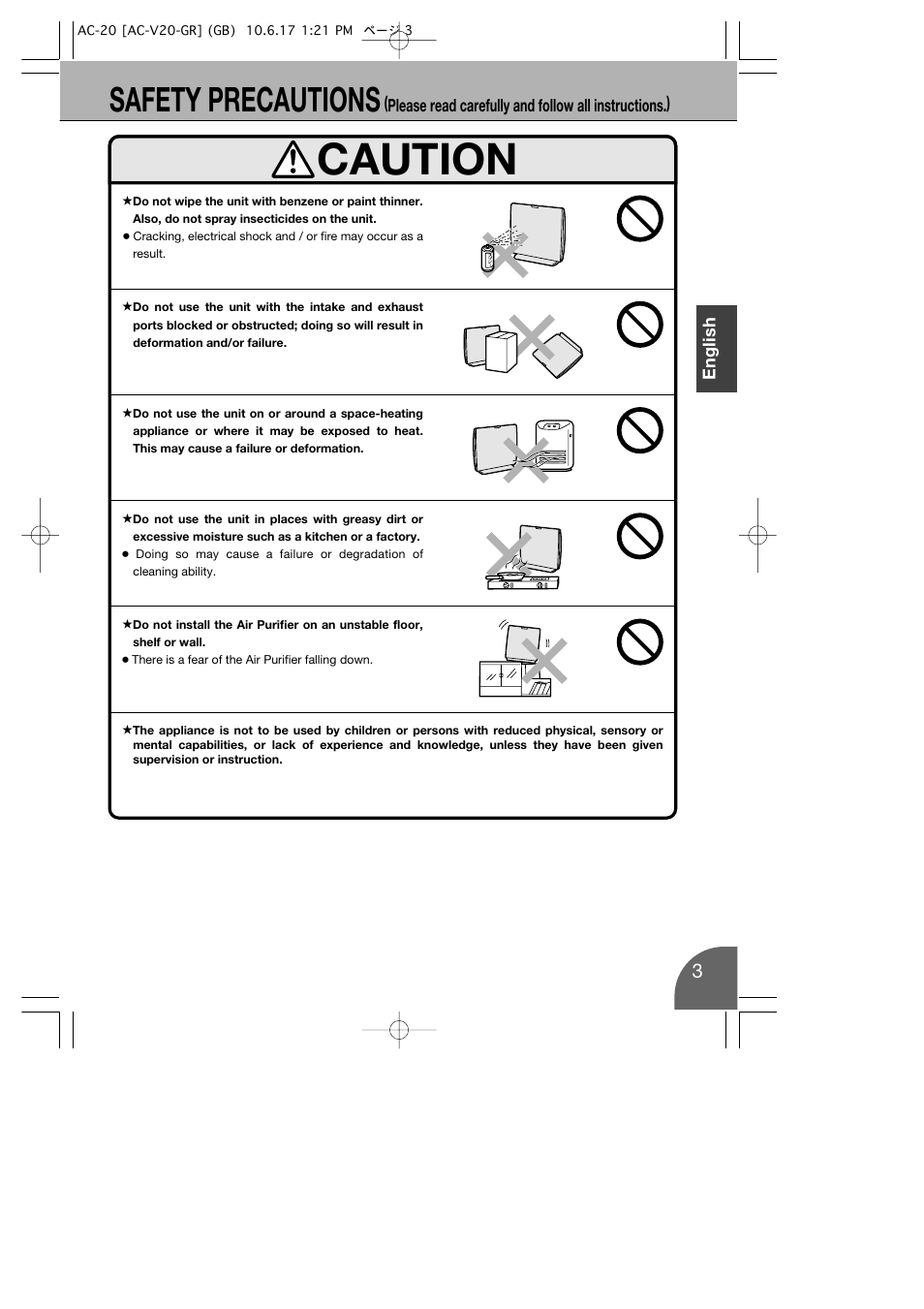 Caution, Safety precautions | Toyotomi AC-20 User Manual | Page 5 / 16