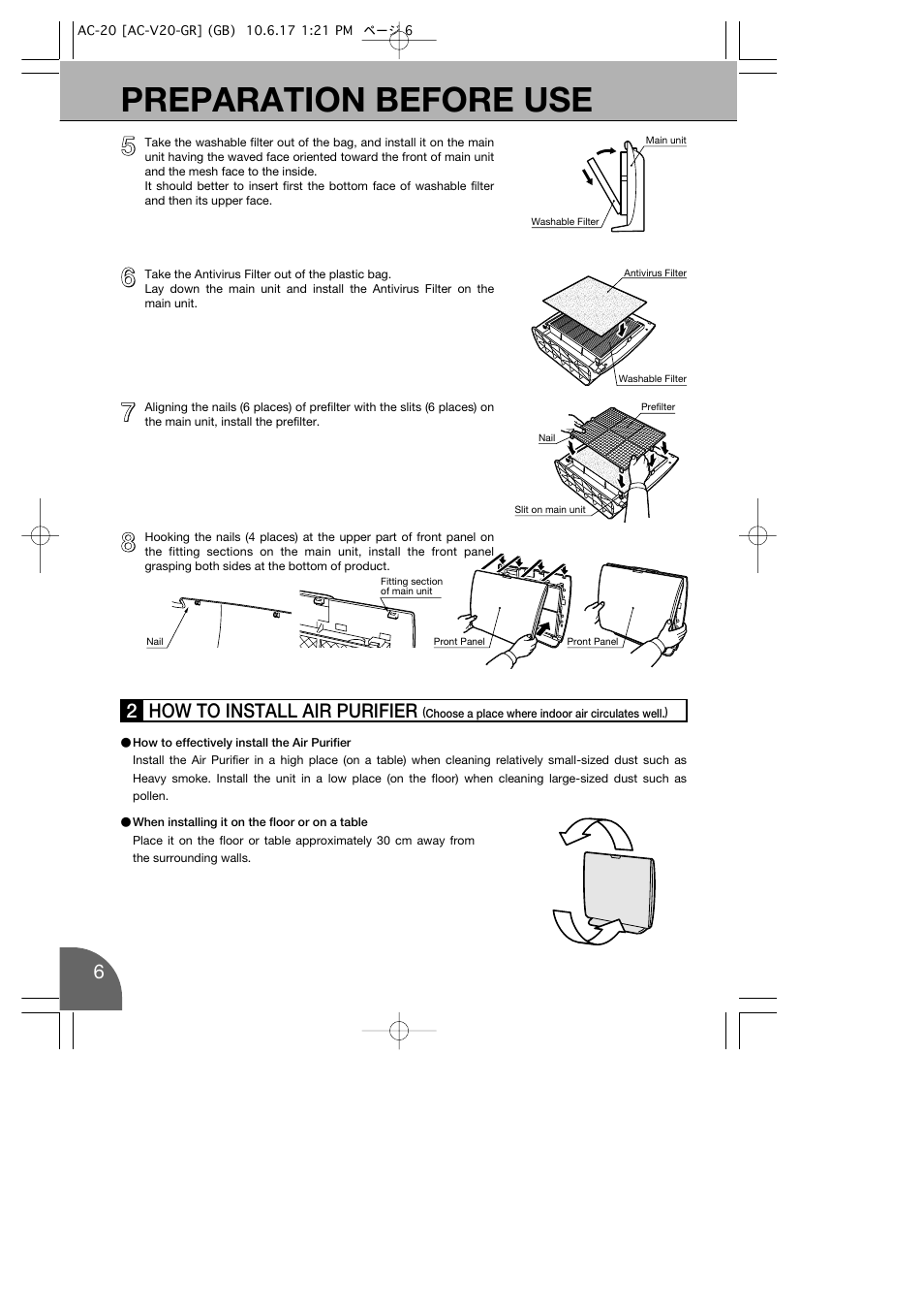 Preparation before use, 2how to install air purifier | Toyotomi AC-20 User Manual | Page 8 / 16