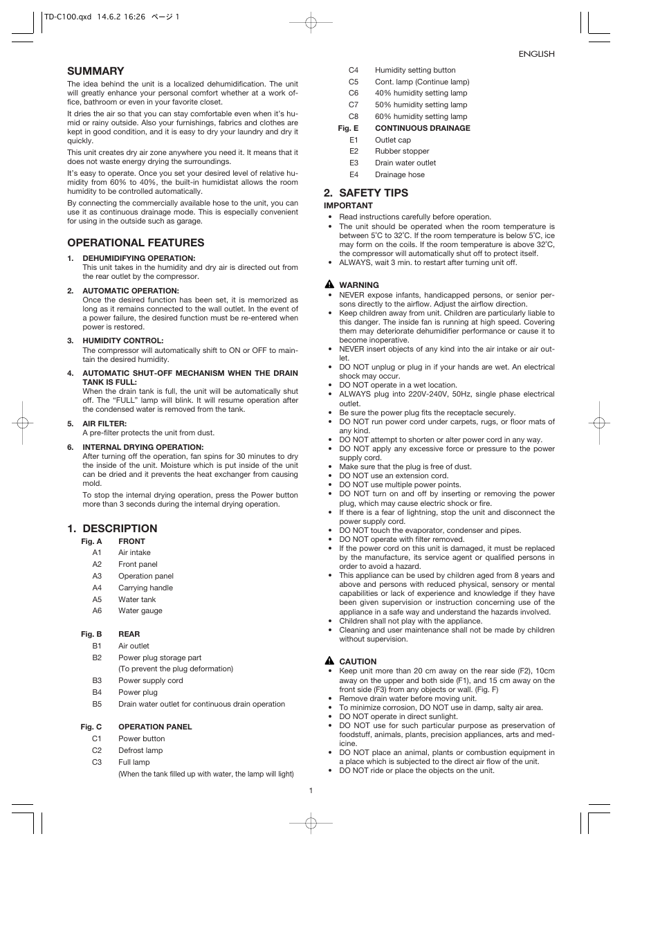 Summary, Operational features, Description | Safety tips | Toyotomi TD-C100 User Manual | Page 4 / 8