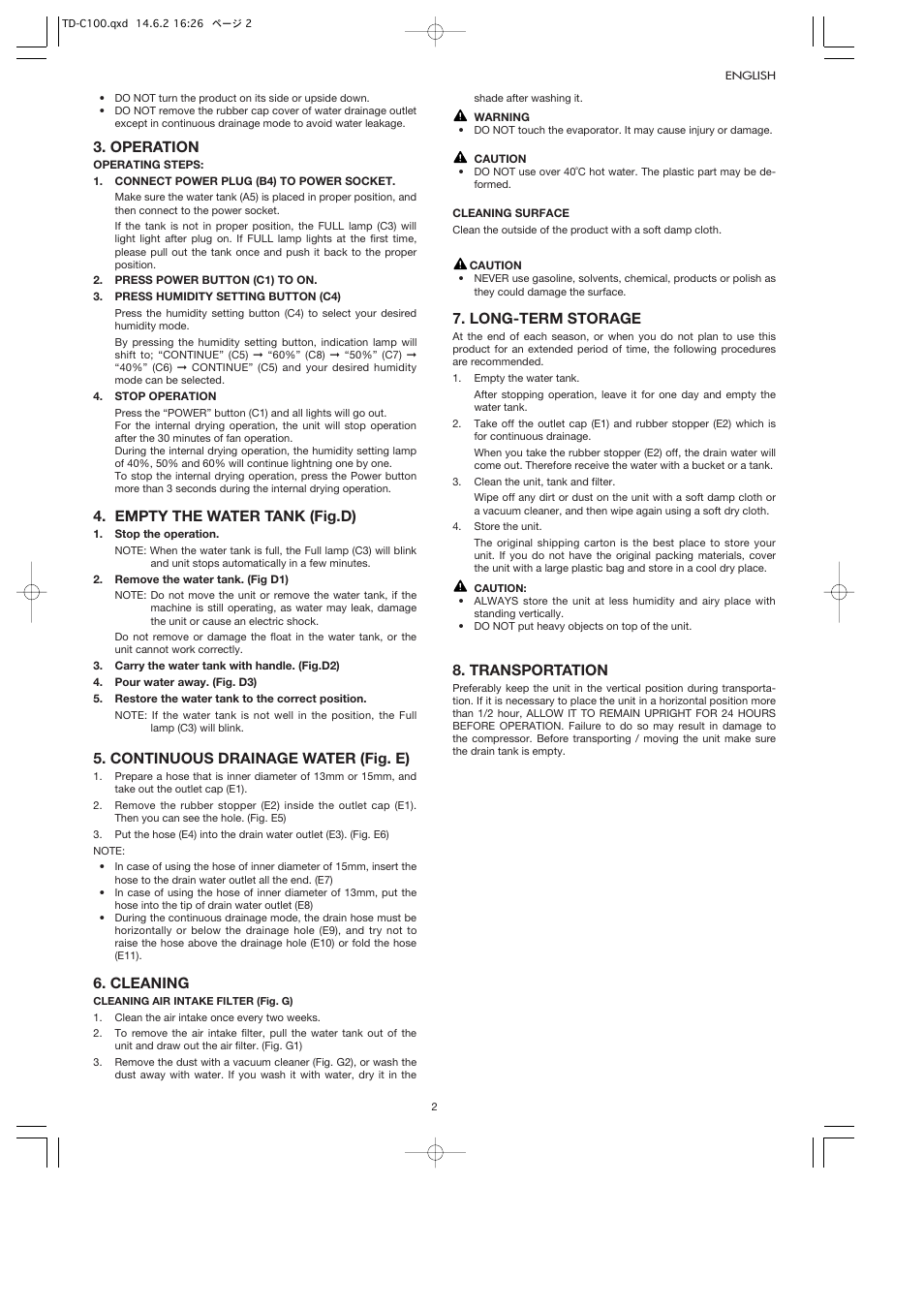 Operation, Empty the water tank (fig.d), Continuous drainage water (fig. e) | Cleaning, Long-term storage, Transportation | Toyotomi TD-C100 User Manual | Page 5 / 8