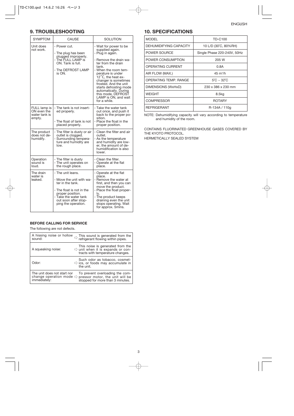 Troubleshooting, Specifications | Toyotomi TD-C100 User Manual | Page 6 / 8