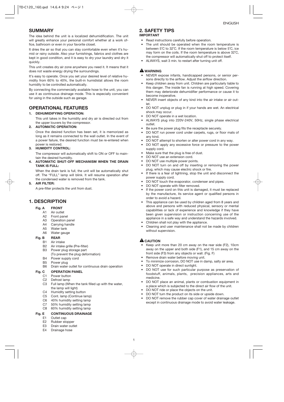 Summary, Operational features, Description | Safety tips | Toyotomi TD-C120 User Manual | Page 4 / 8