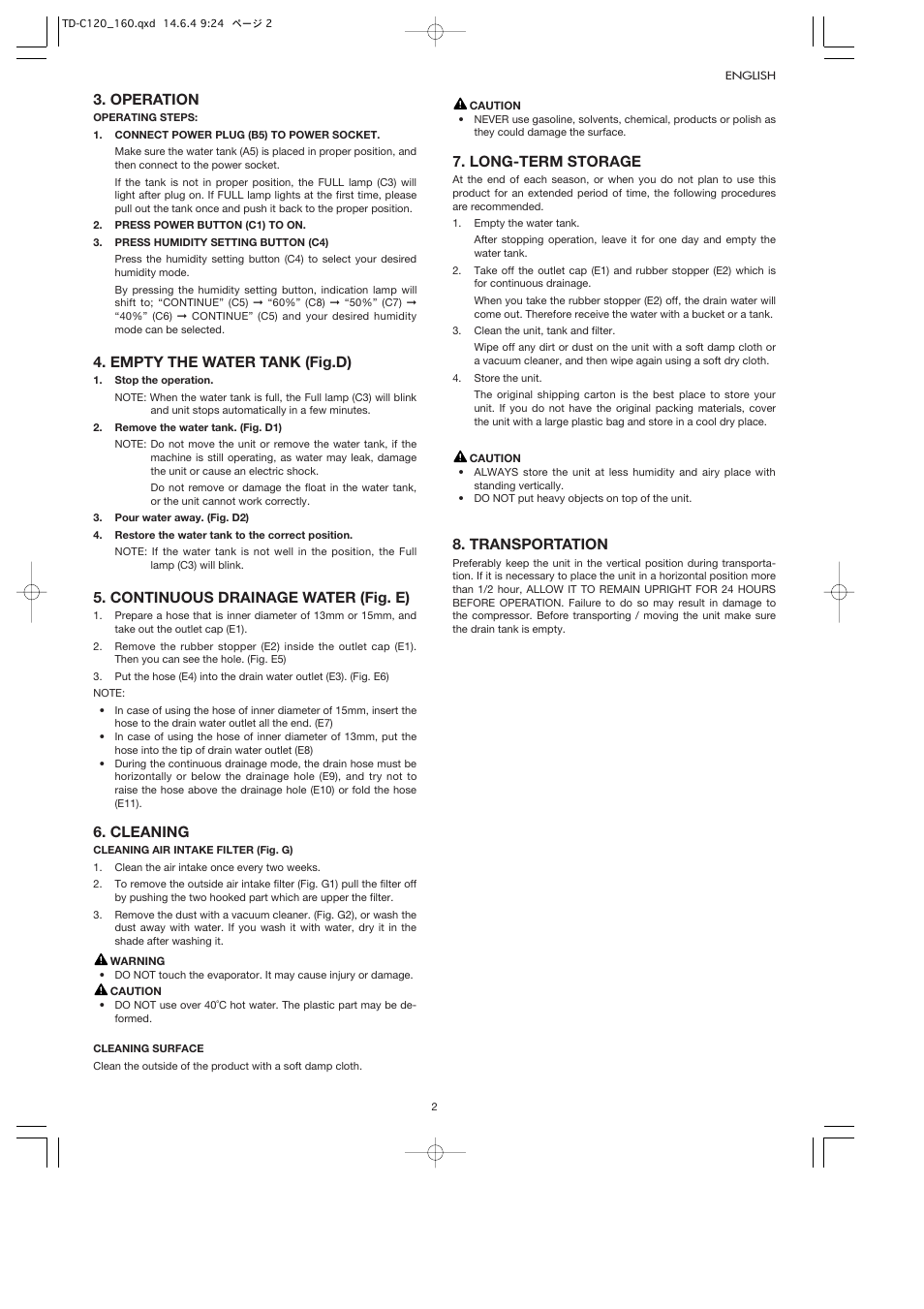 Operation, Empty the water tank (fig.d), Continuous drainage water (fig. e) | Cleaning, Long-term storage, Transportation | Toyotomi TD-C120 User Manual | Page 5 / 8