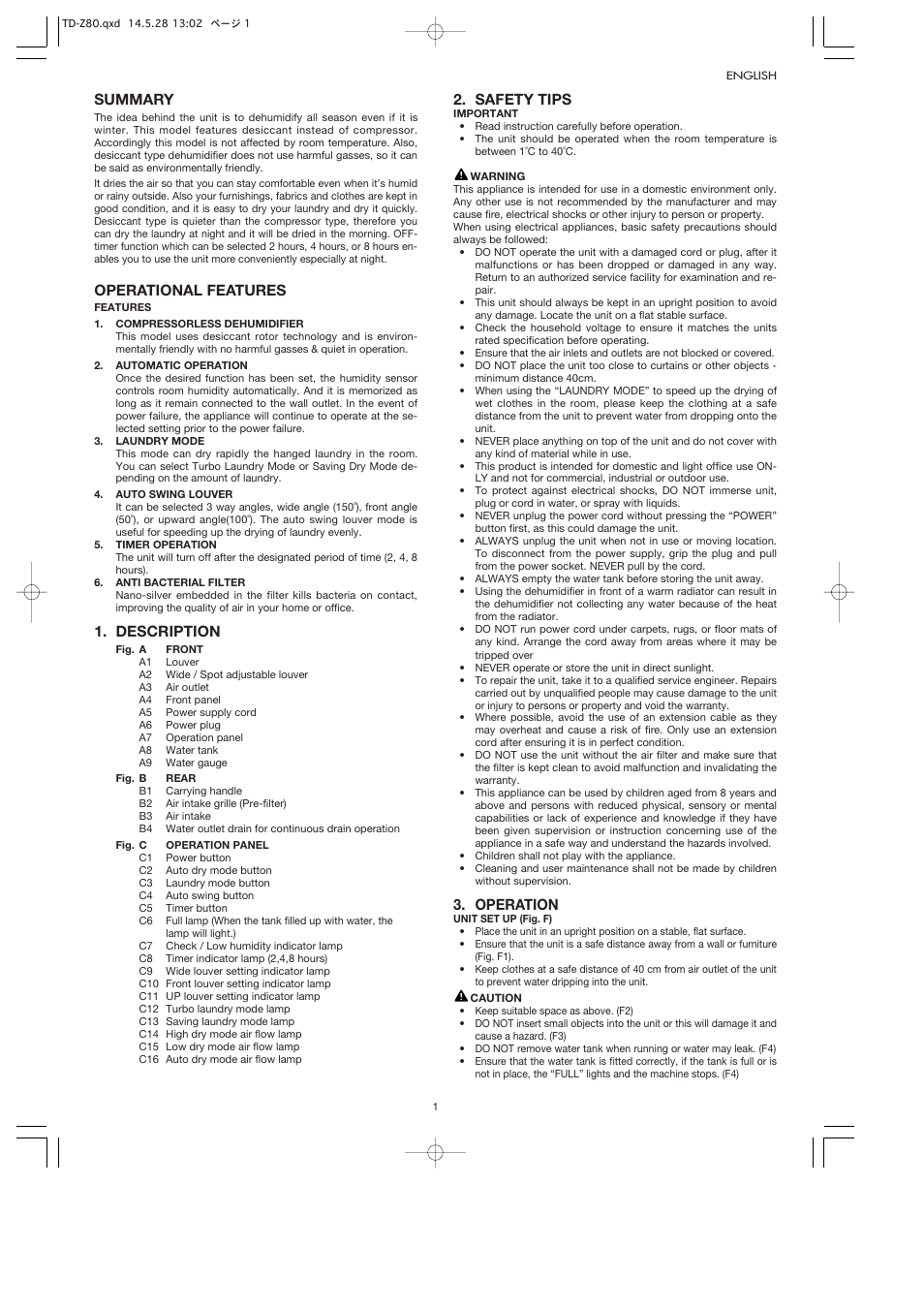 Summary, Operational features, Description | Safety tips, Operation | Toyotomi TD-Z80 User Manual | Page 4 / 8