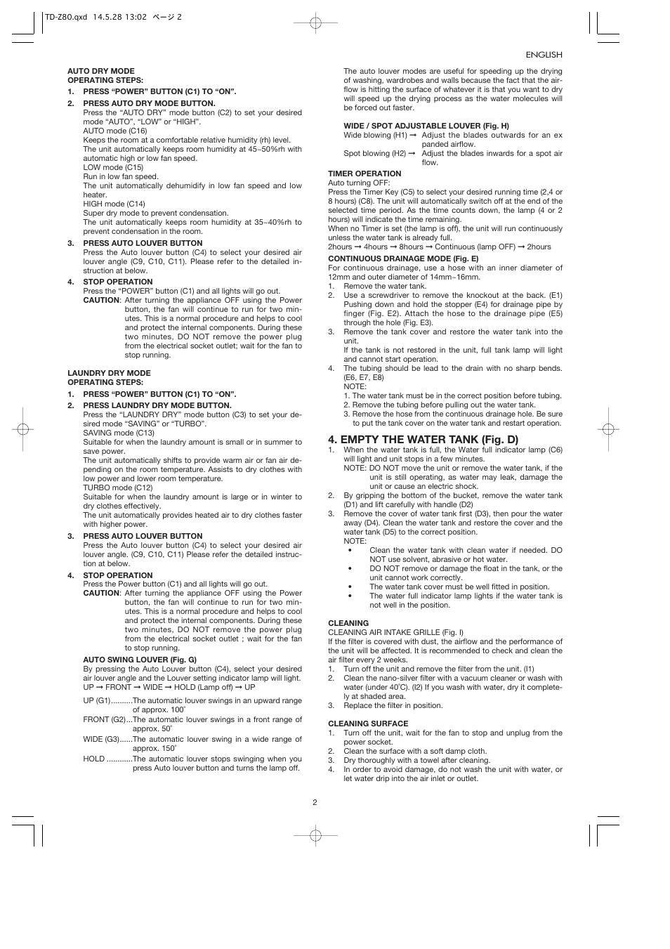Empty the water tank (fig. d) | Toyotomi TD-Z80 User Manual | Page 5 / 8