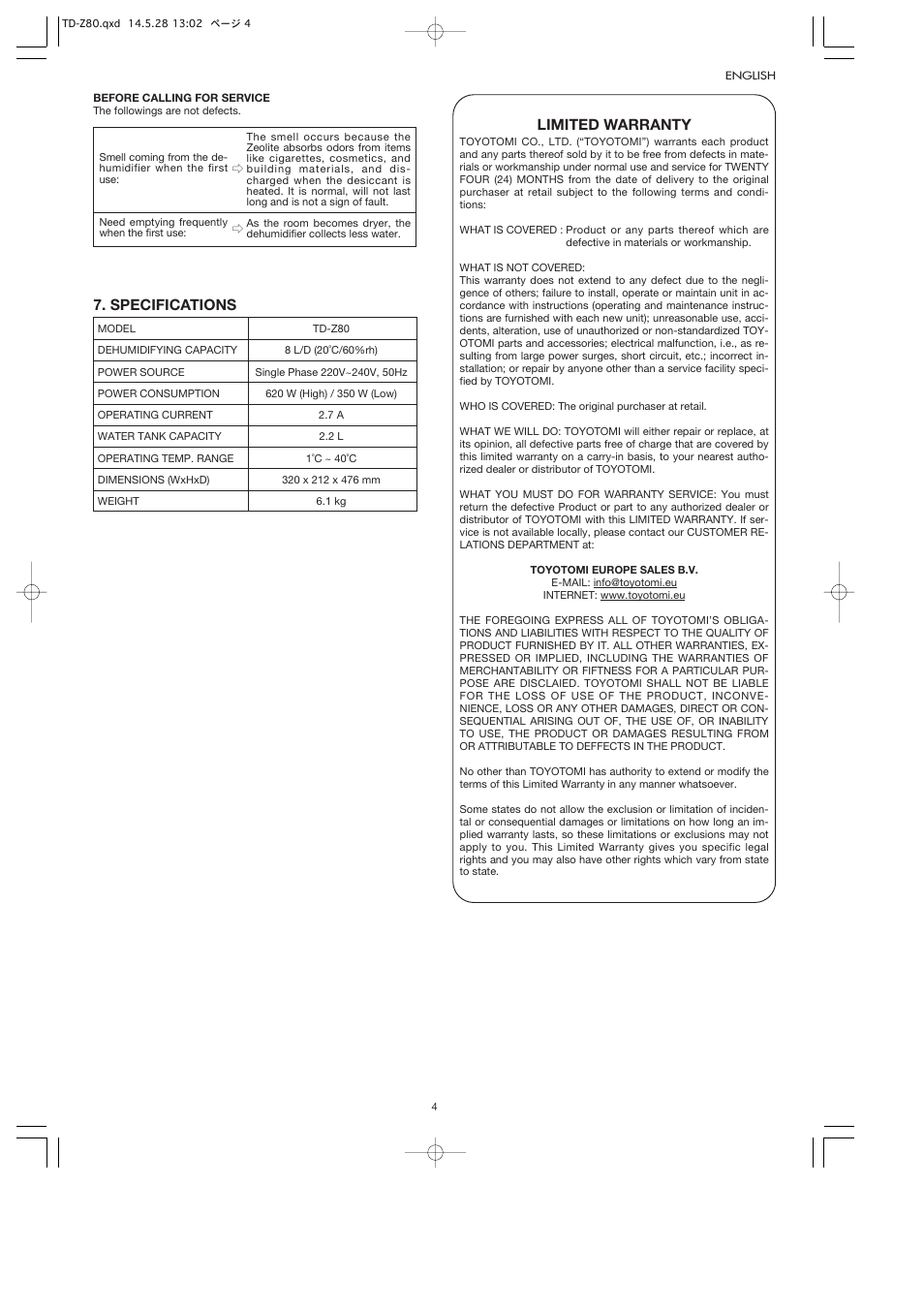 Specifications, Limited warranty | Toyotomi TD-Z80 User Manual | Page 7 / 8