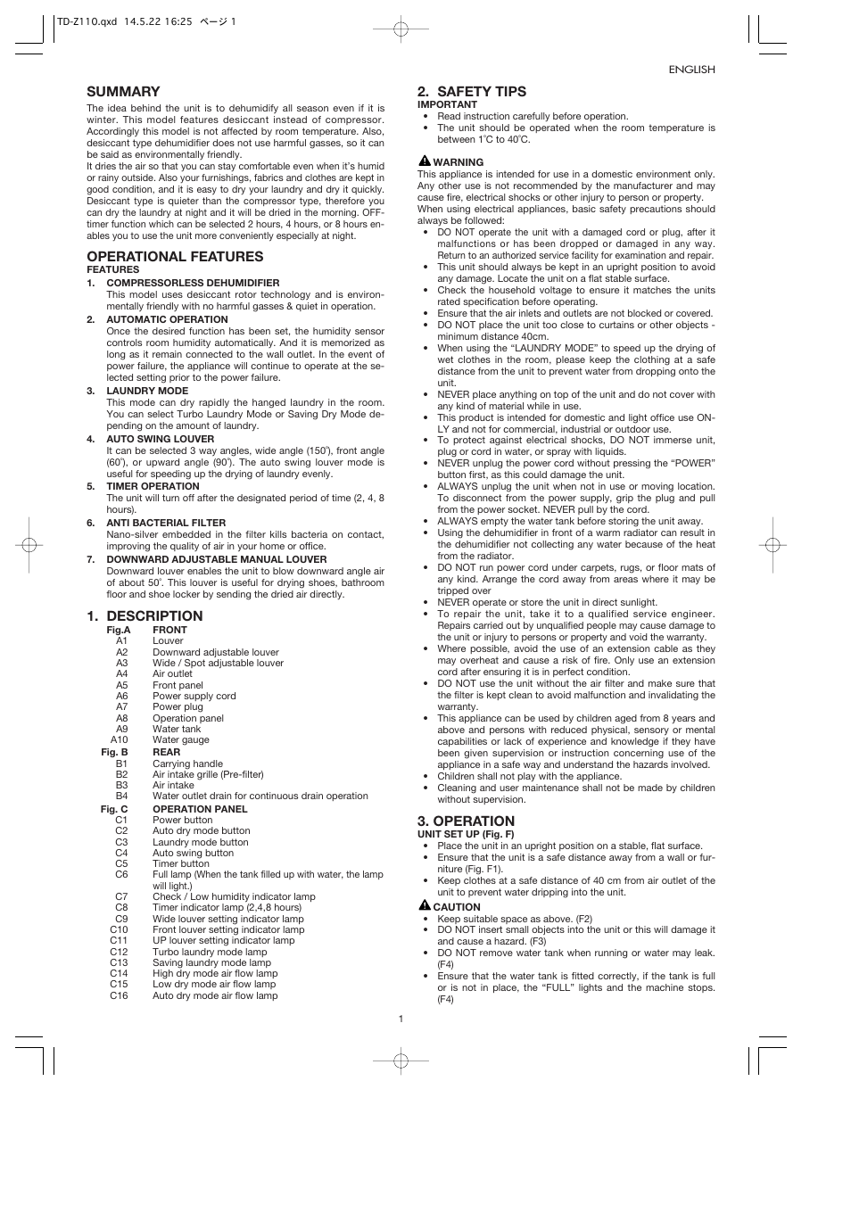 Summary, Operational features, Description | Safety tips, Operation | Toyotomi TD-Z110 User Manual | Page 4 / 8